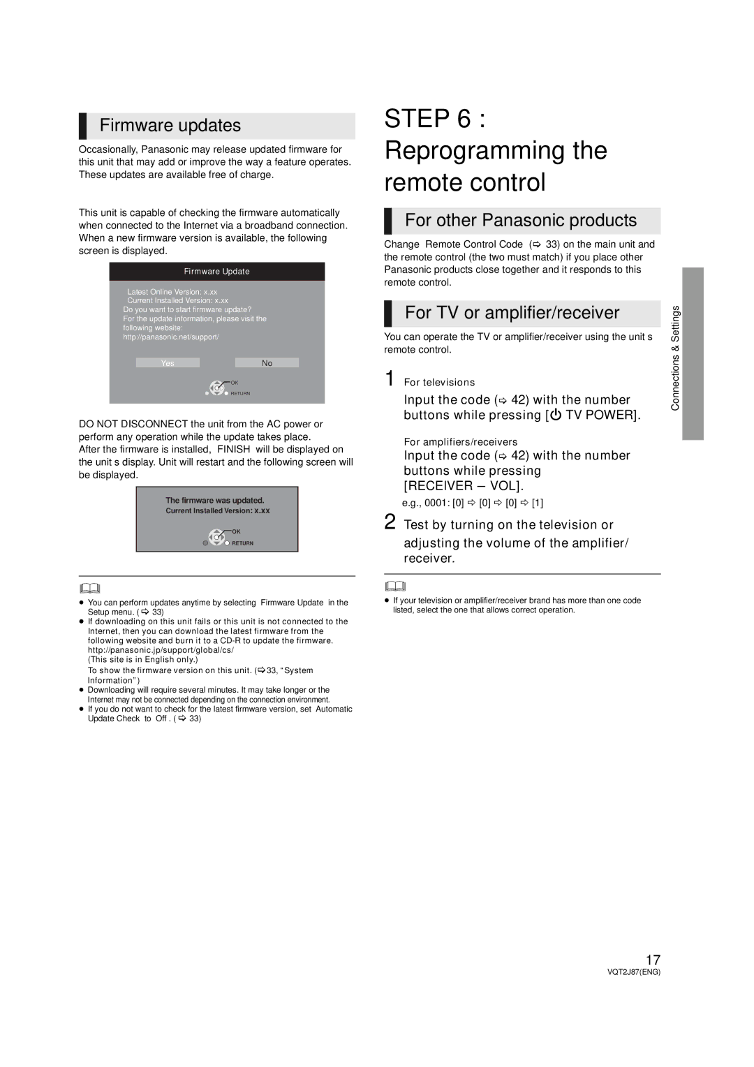 Panasonic DMP-BDT350, DMP-BDT300 Reprogramming the remote control, Firmware updates, For other Panasonic products 