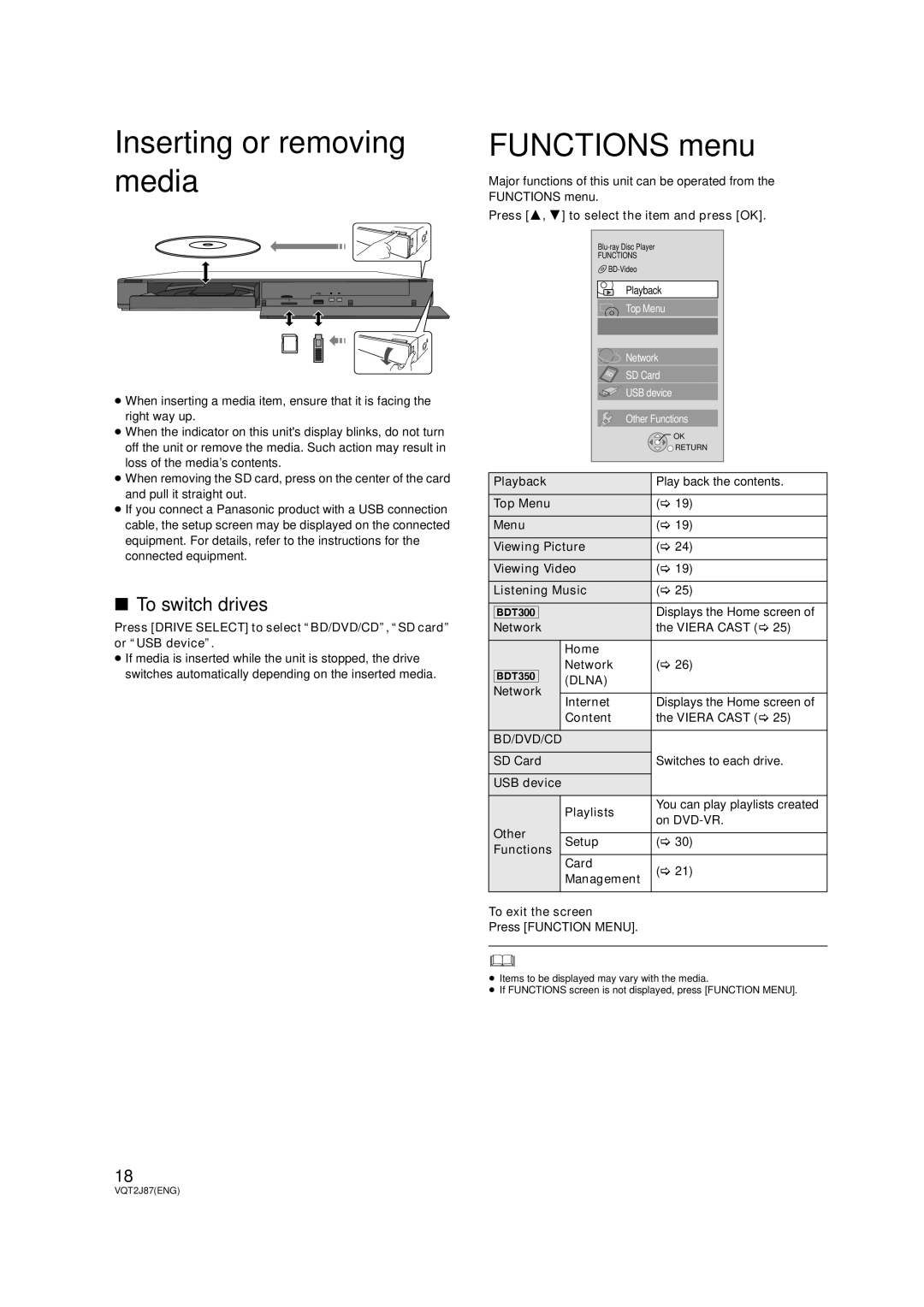 Panasonic DMP-BDT300, DMP-BDT350 operating instructions Inserting or removing media, Functions menu, To switch drives 