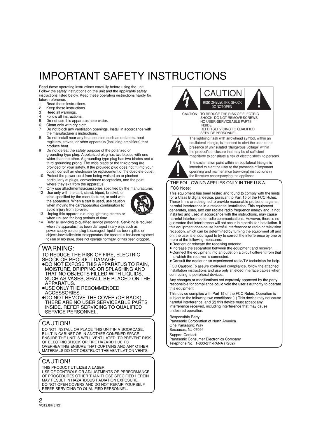 Panasonic DMP-BDT300, DMP-BDT350 Important Safety Instructions, Following Applies only in the U.S.A. FCC Note 