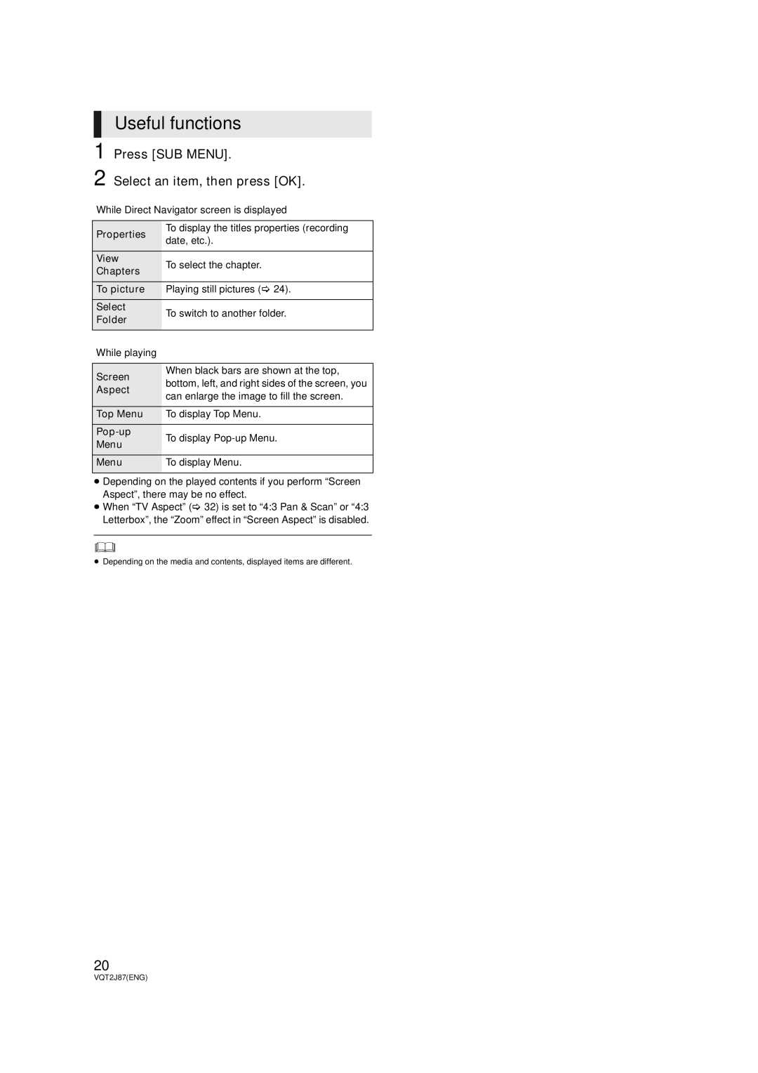 Panasonic DMP-BDT300, DMP-BDT350 operating instructions Useful functions, Press SUB Menu Select an item, then press OK 