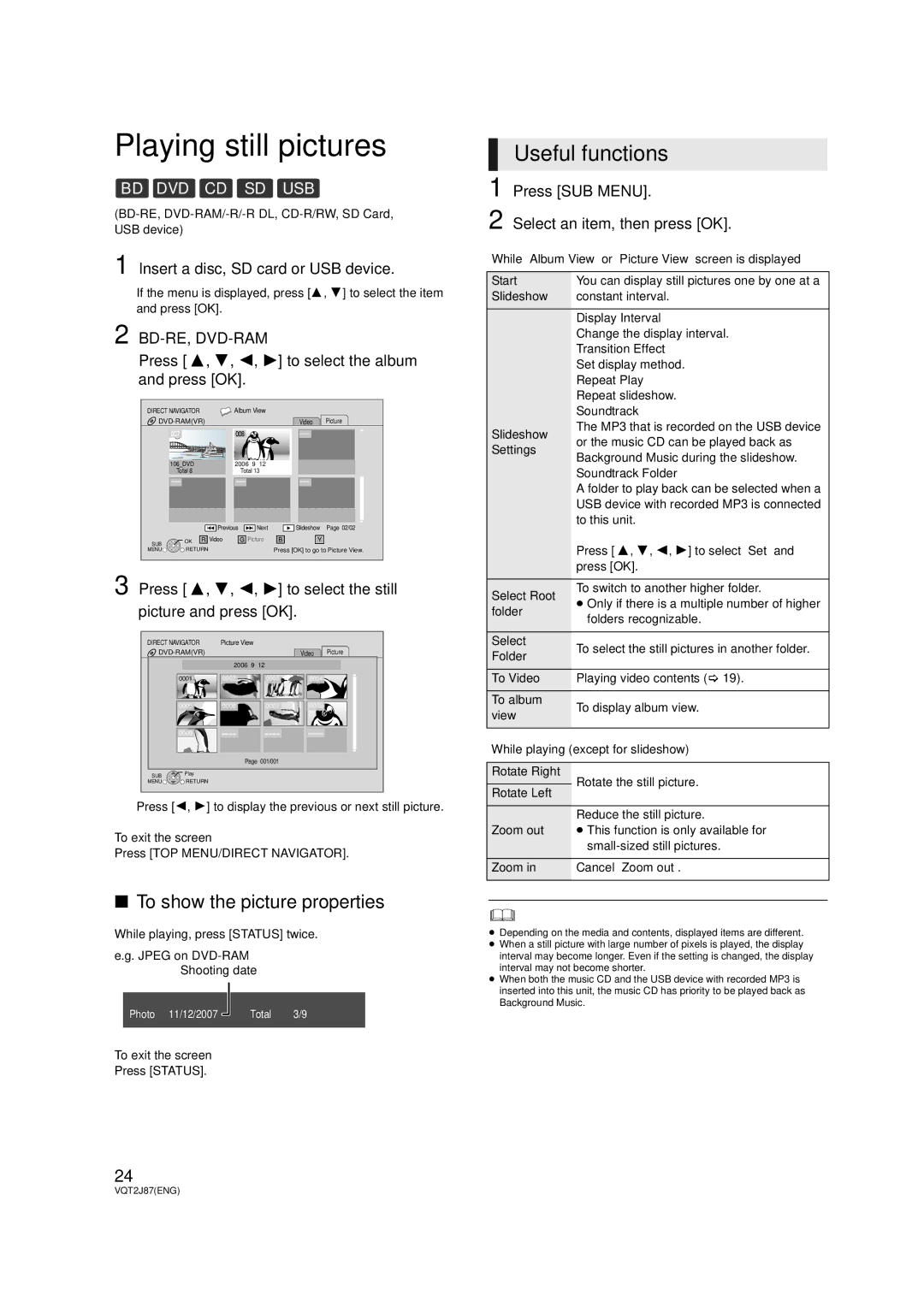 Panasonic DMP-BDT300 Playing still pictures, To show the picture properties, Insert a disc, SD card or USB device 