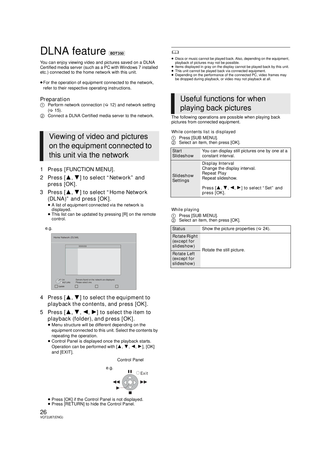 Panasonic DMP-BDT300, DMP-BDT350 Dlna feature BDT350, Useful functions for when playing back pictures, Status 