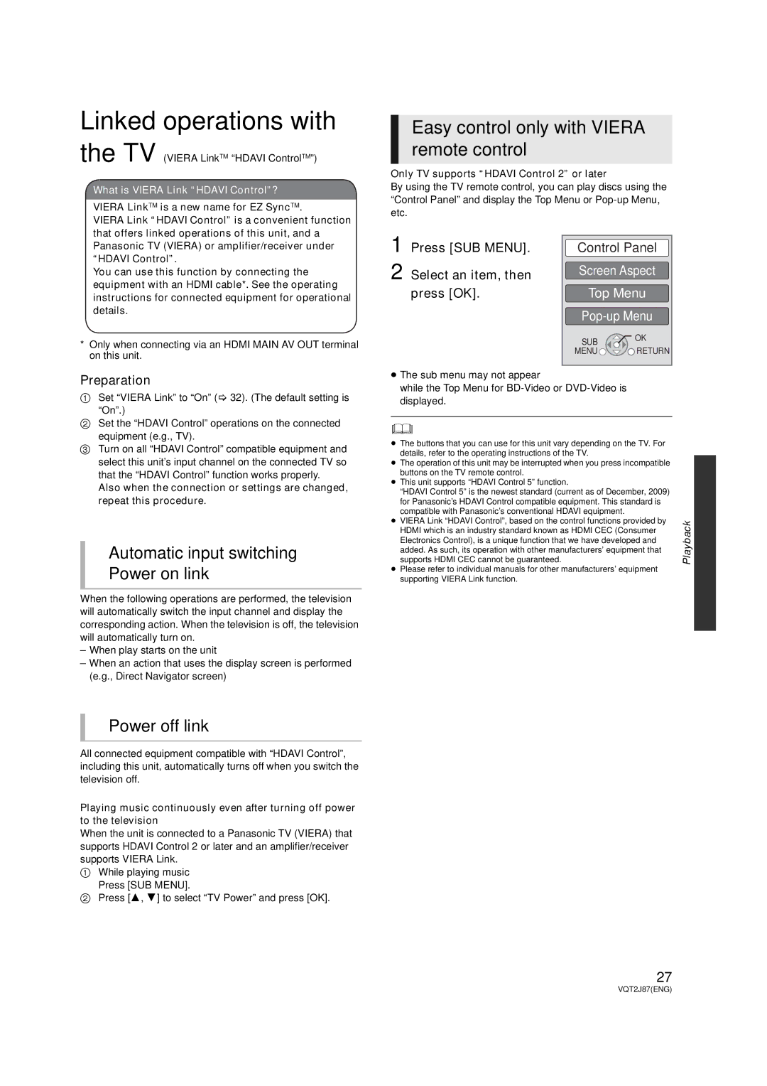 Panasonic DMP-BDT350 Linked operations with, Easy control only with Viera remote control, TV Viera LinkTM Hdavi ControlTM 