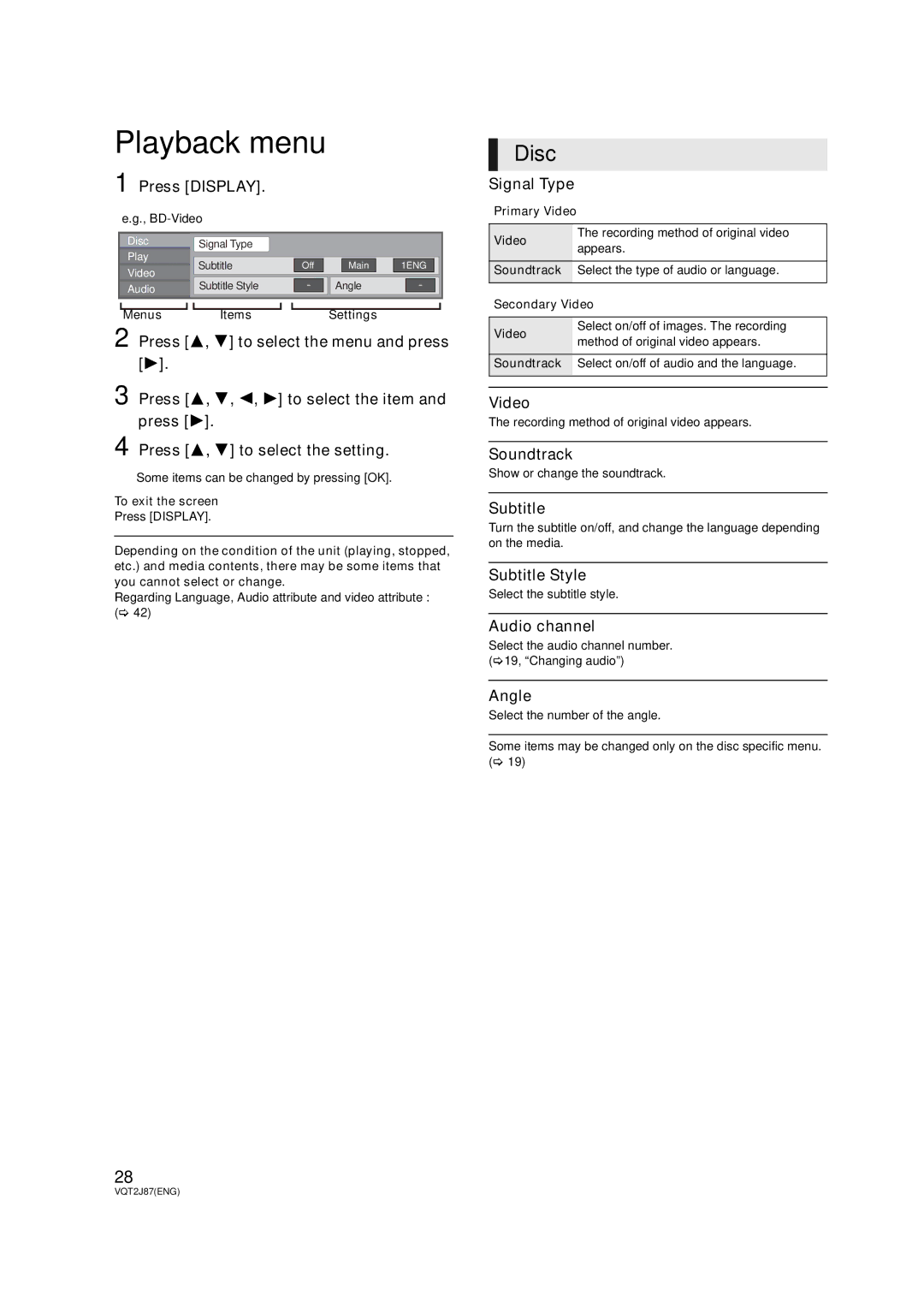 Panasonic DMP-BDT300, DMP-BDT350 operating instructions Playback menu, Disc 