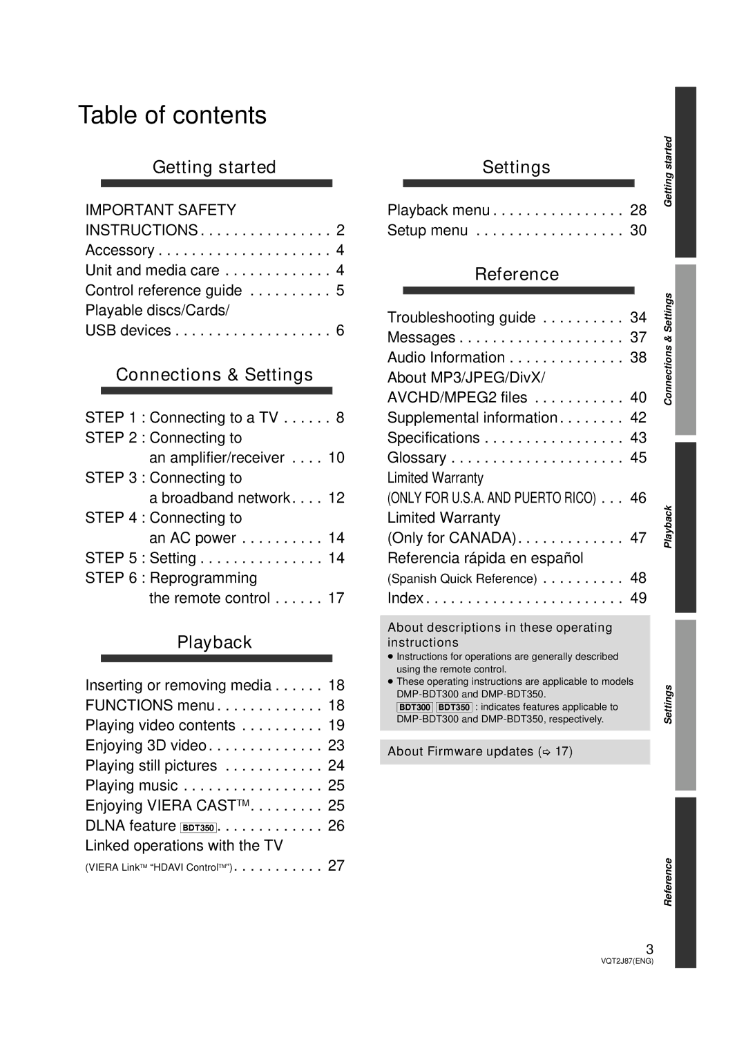 Panasonic DMP-BDT350, DMP-BDT300 operating instructions Table of contents 