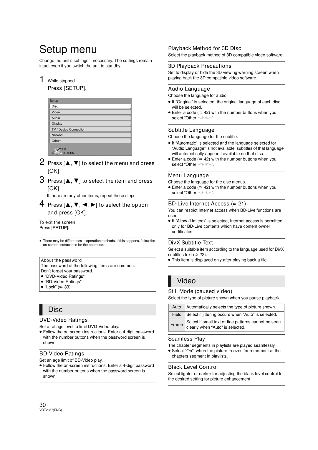 Panasonic DMP-BDT300, DMP-BDT350 operating instructions Setup menu 