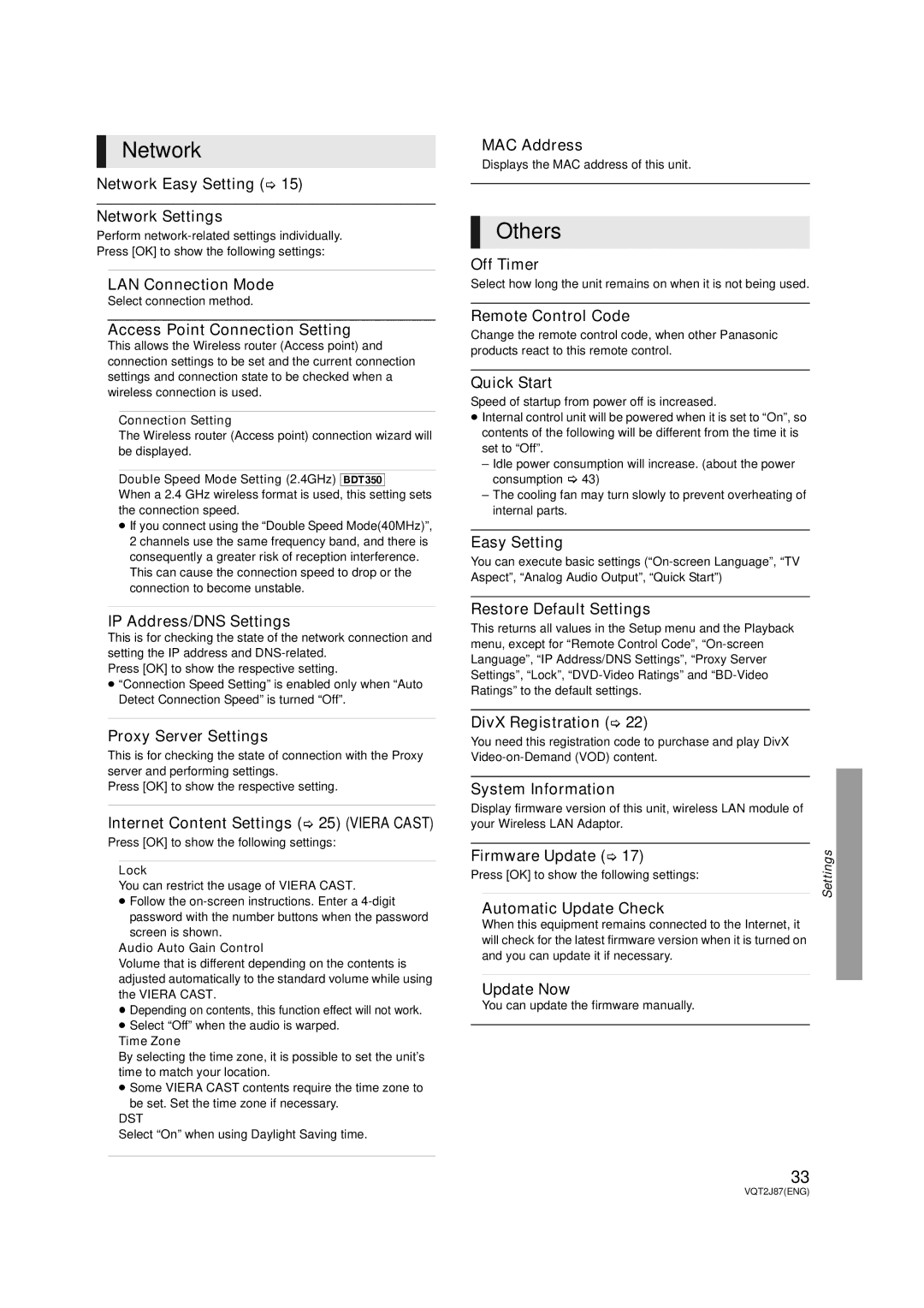 Panasonic DMP-BDT350, DMP-BDT300 operating instructions Network, Others 