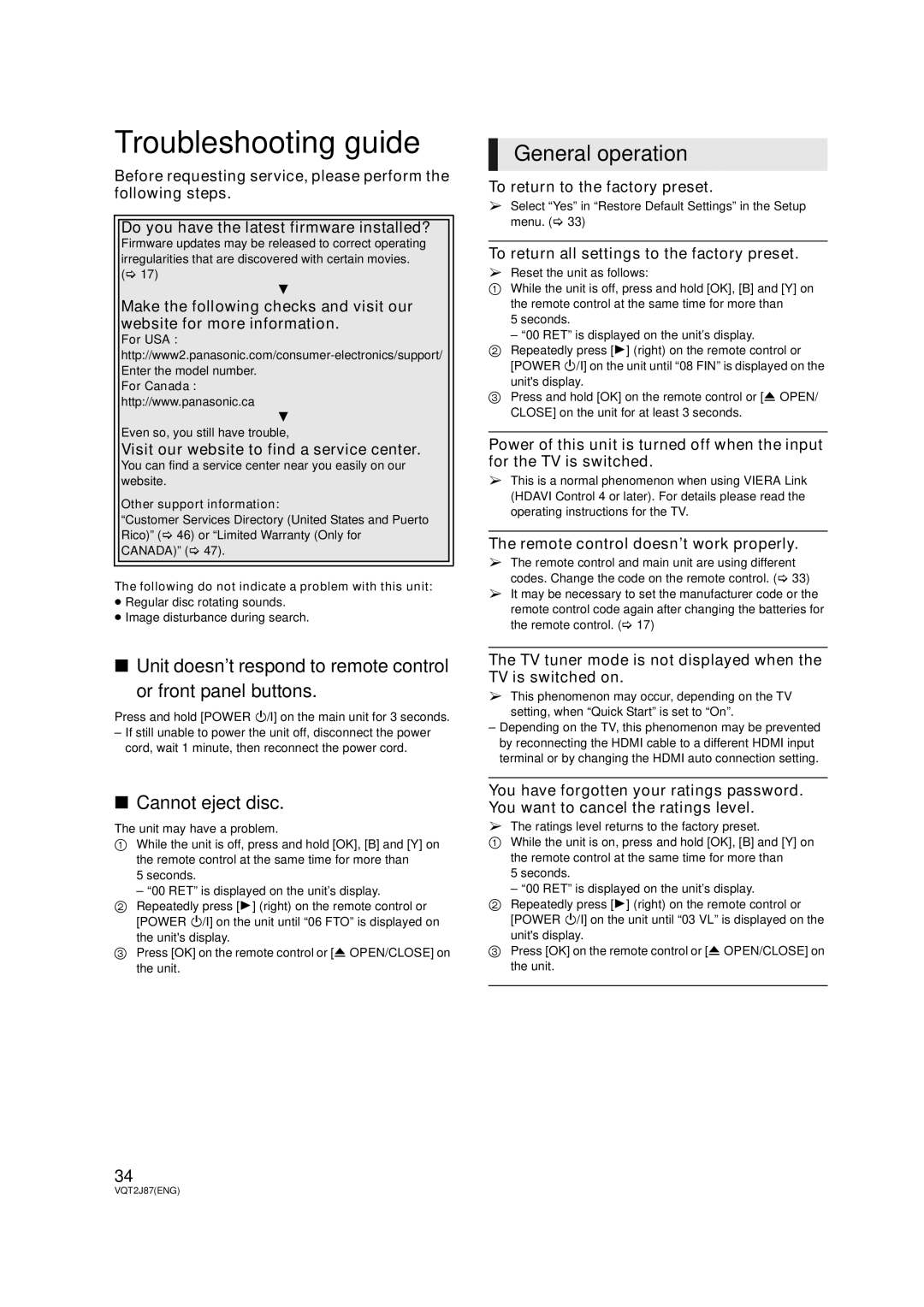 Panasonic DMP-BDT300, DMP-BDT350 operating instructions Troubleshooting guide, General operation, Cannot eject disc 