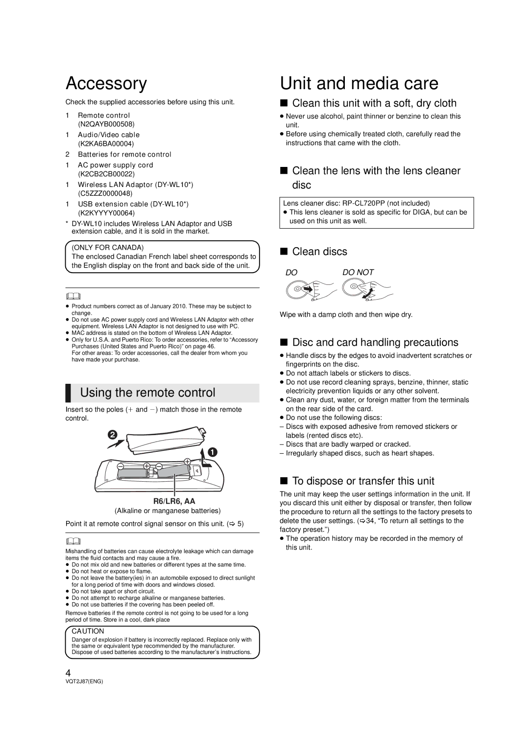 Panasonic DMP-BDT300, DMP-BDT350 operating instructions Accessory, Unit and media care, Using the remote control 