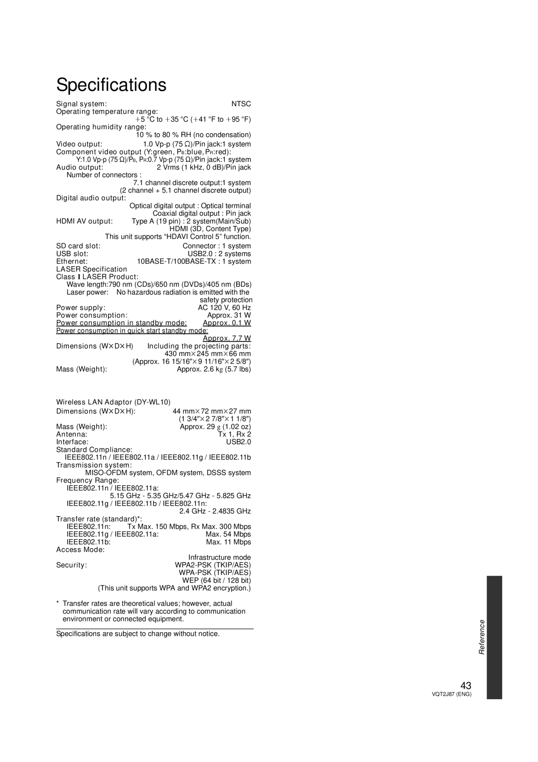 Panasonic DMP-BDT350, DMP-BDT300 operating instructions Specifications 