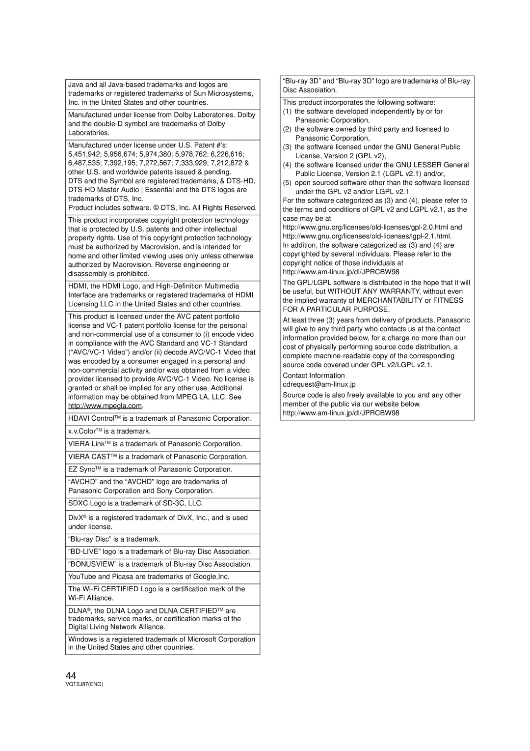 Panasonic DMP-BDT300, DMP-BDT350 operating instructions Contact Information cdrequest@am-linux.jp 