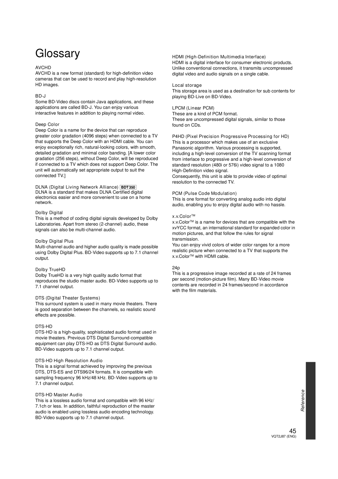 Panasonic DMP-BDT350, DMP-BDT300 operating instructions Glossary 