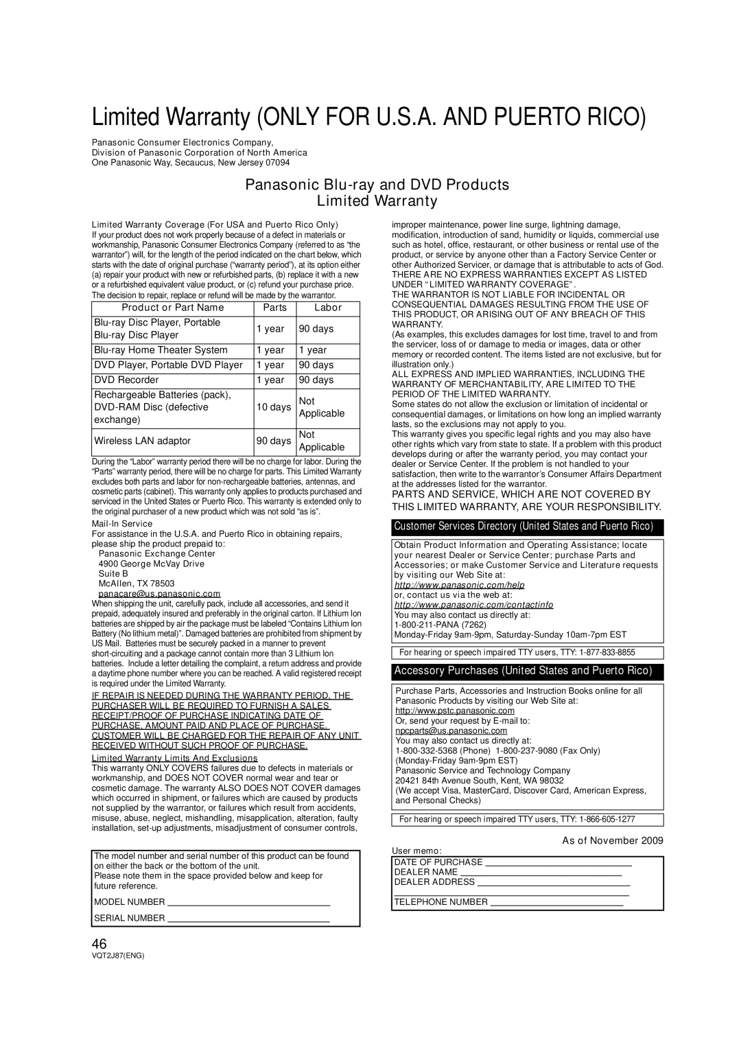 Panasonic DMP-BDT300, DMP-BDT350 operating instructions Product or Part Name Parts Labor, As of November 