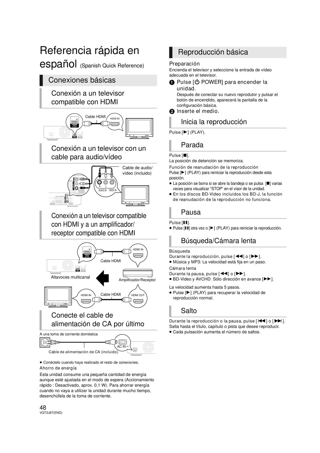 Panasonic DMP-BDT300, DMP-BDT350 operating instructions Referencia rápida en, Conexiones básicas, Reproducción básica 