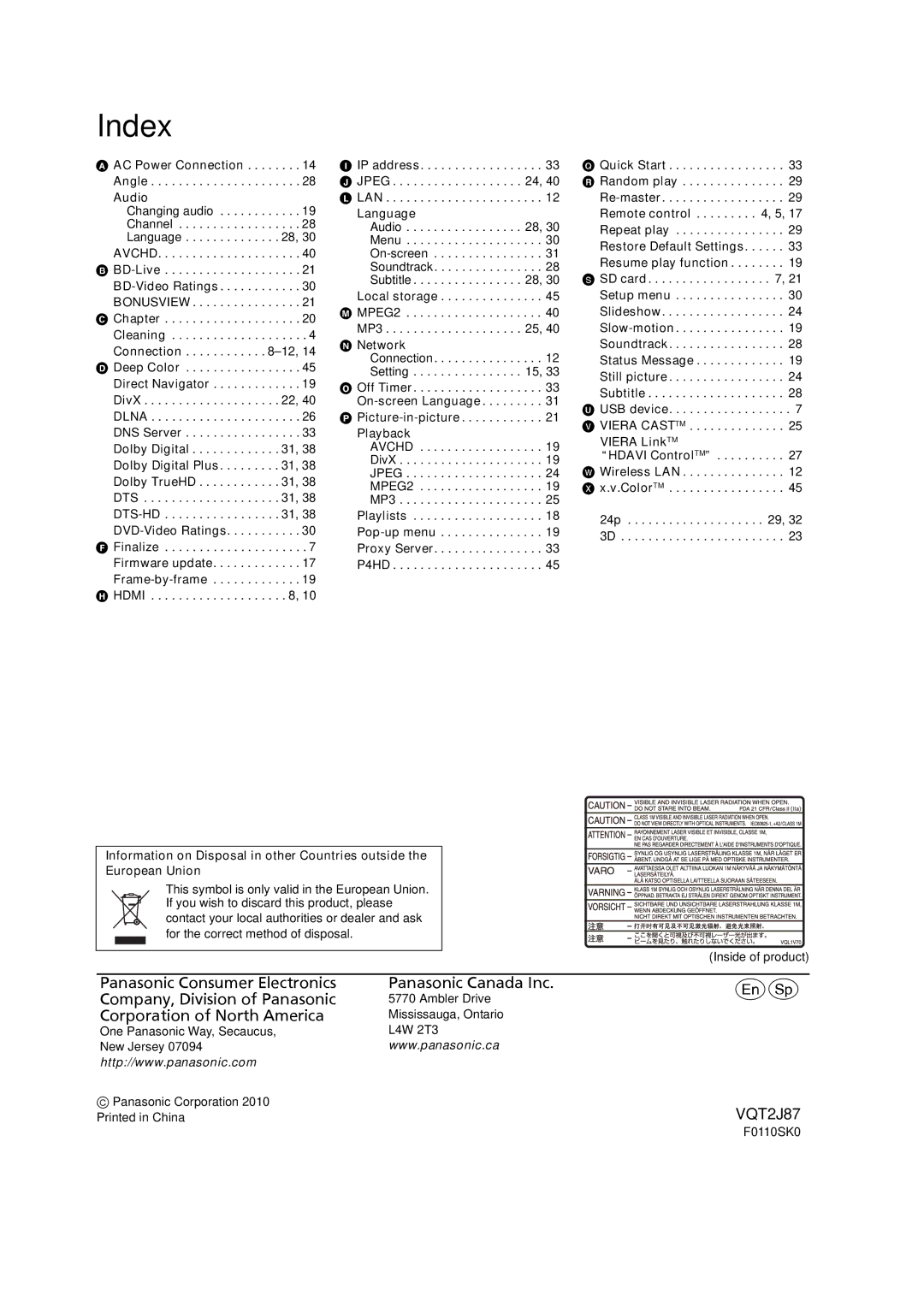 Panasonic DMP-BDT350, DMP-BDT300 Index, AC Power Connection Angle Audio, Local storage M MPEG2 MP3 Network 