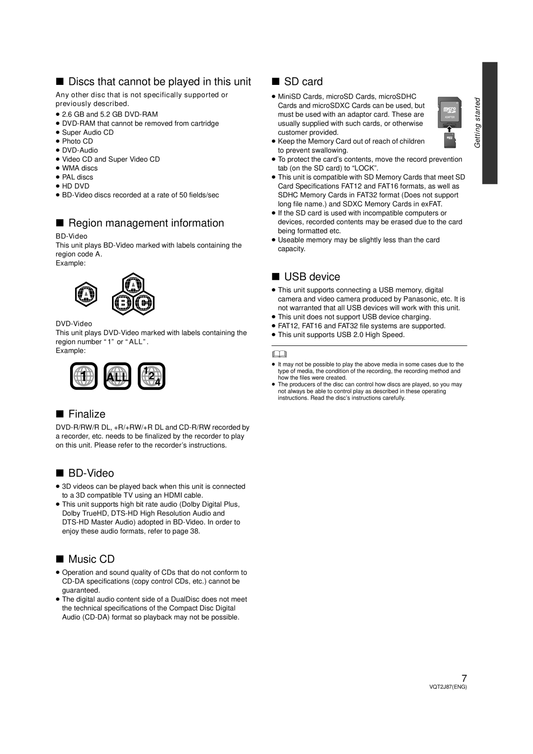 Panasonic DMP-BDT350 Discs that cannot be played in this unit, Region management information, Finalize, BD-Video, Music CD 