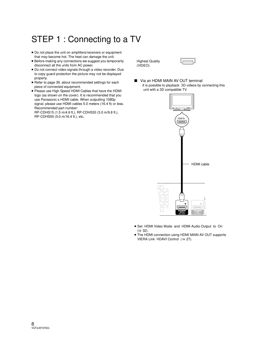 Panasonic DMP-BDT300, DMP-BDT350 operating instructions Connecting to a TV, Highest Quality Video 