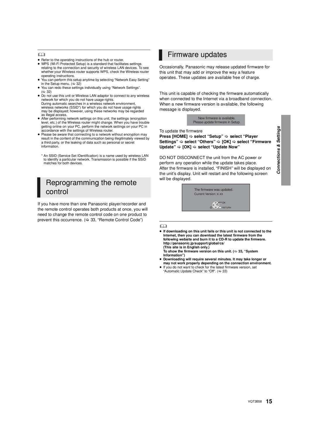 Panasonic DMP-BDT215, DMP-BDT310 owner manual Reprogramming the remote control, Firmware updates, To update the firmware 