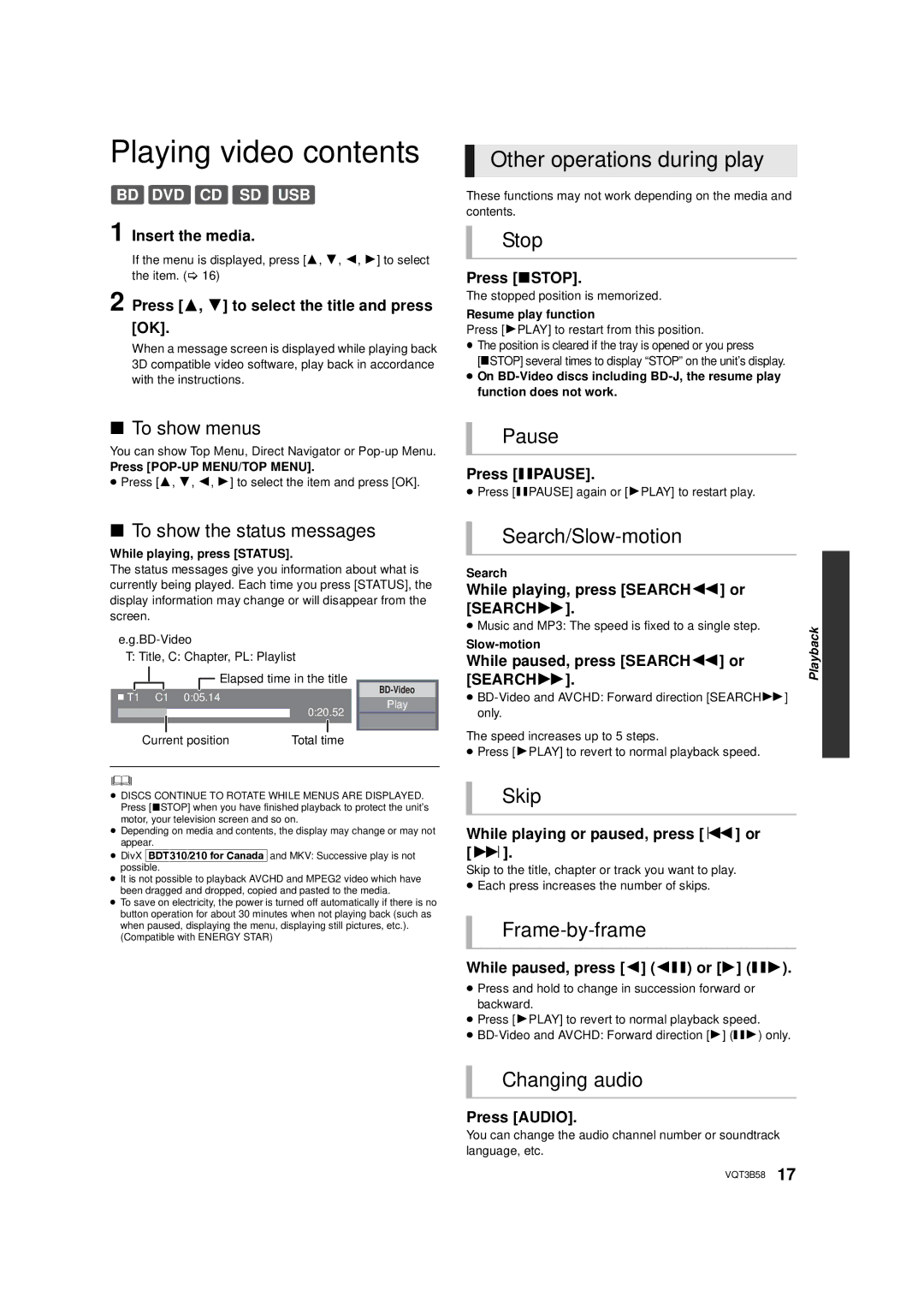 Panasonic DMP-BDT215, DMP-BDT310 owner manual Playing video contents 