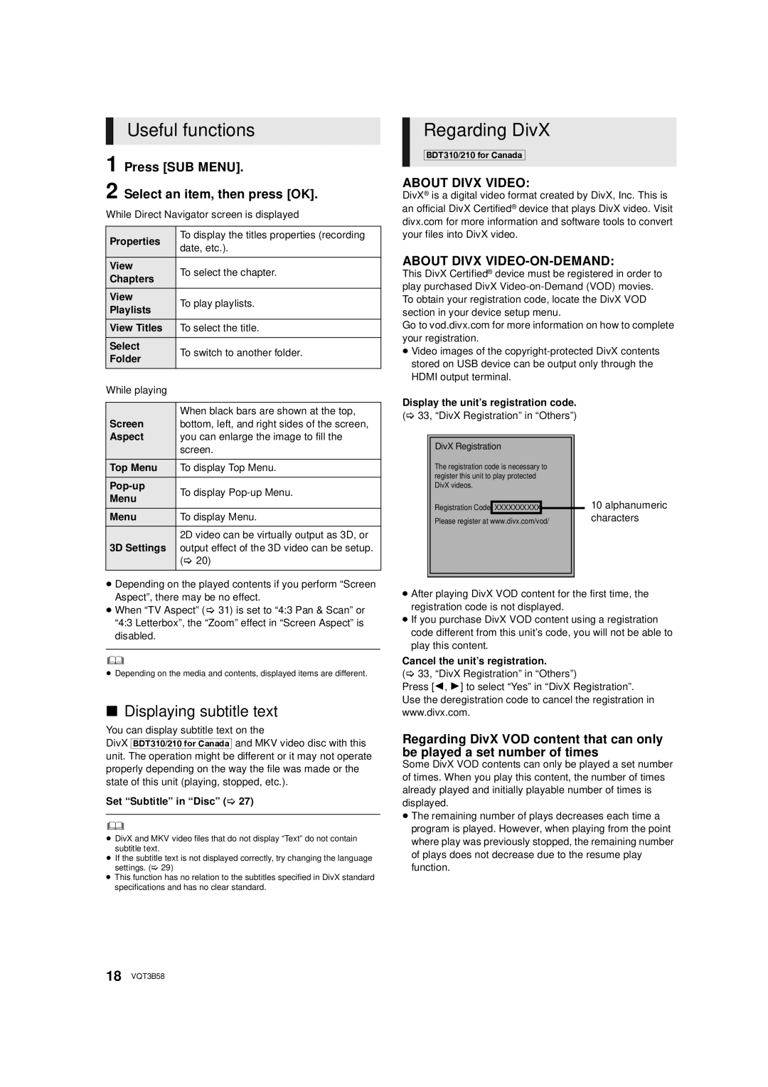 Panasonic DMP-BDT310, DMP-BDT215 owner manual Useful functions, Regarding DivX, Displaying subtitle text 