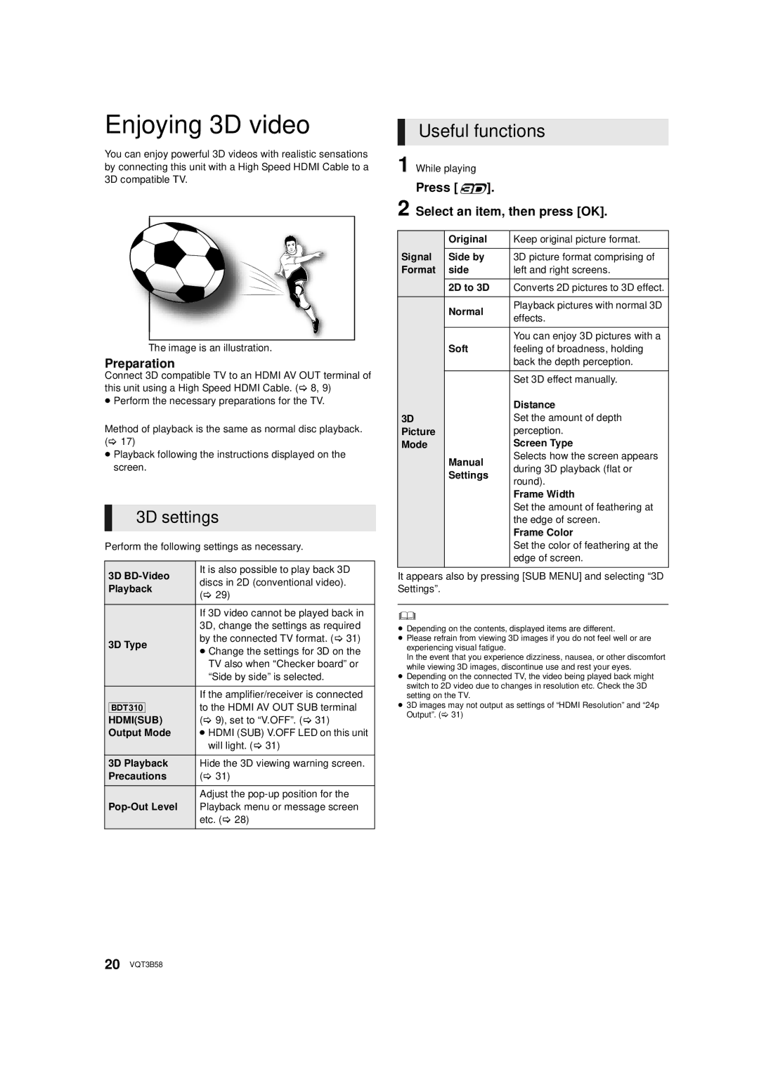 Panasonic DMP-BDT310, DMP-BDT215 owner manual Enjoying 3D video, 3D settings, Press Select an item, then press OK, Hdmisub 