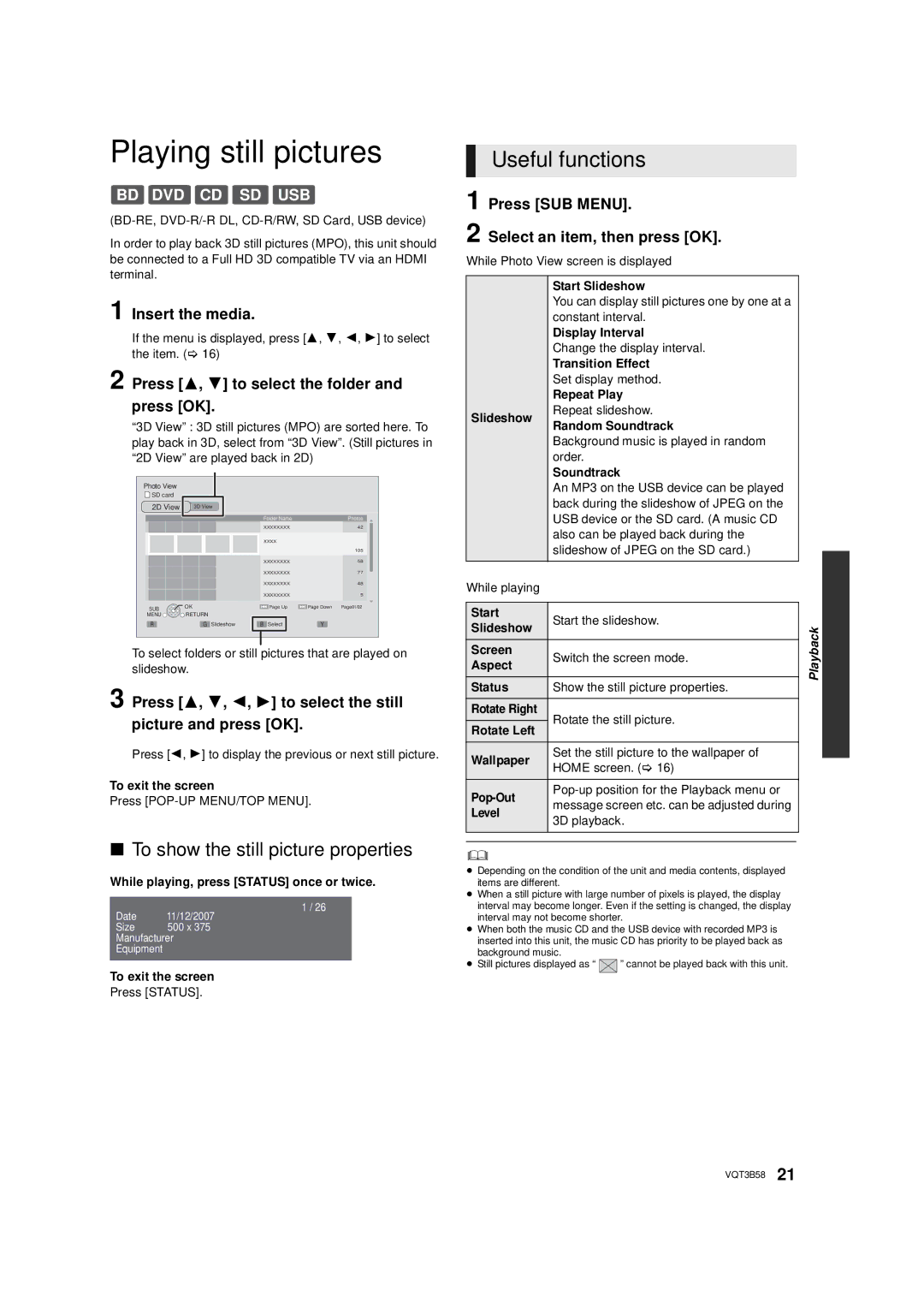 Panasonic DMP-BDT215, DMP-BDT310 owner manual Playing still pictures, To show the still picture properties, Press SUB Menu 