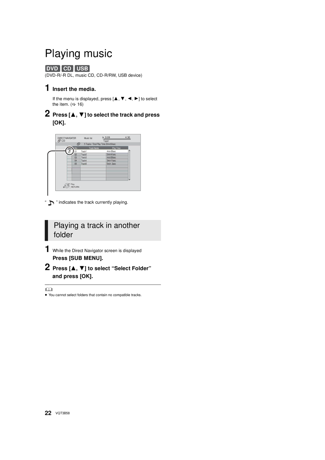 Panasonic DMP-BDT310 Playing music, Playing a track in another folder, Press 3, 4 to select the track and press 