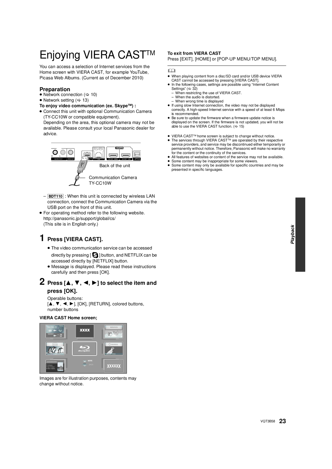 Panasonic DMP-BDT215, DMP-BDT310 Enjoying Viera Casttm, Press Viera Cast, Press 3, 4, 2, 1 to select the item and press OK 