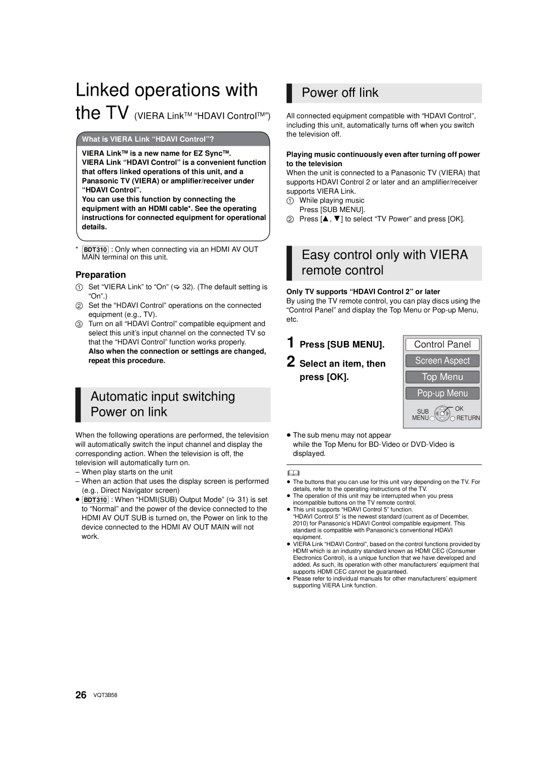 Panasonic DMP-BDT310, DMP-BDT215 Linked operations with, Power off link, Easy control only with Viera remote control 