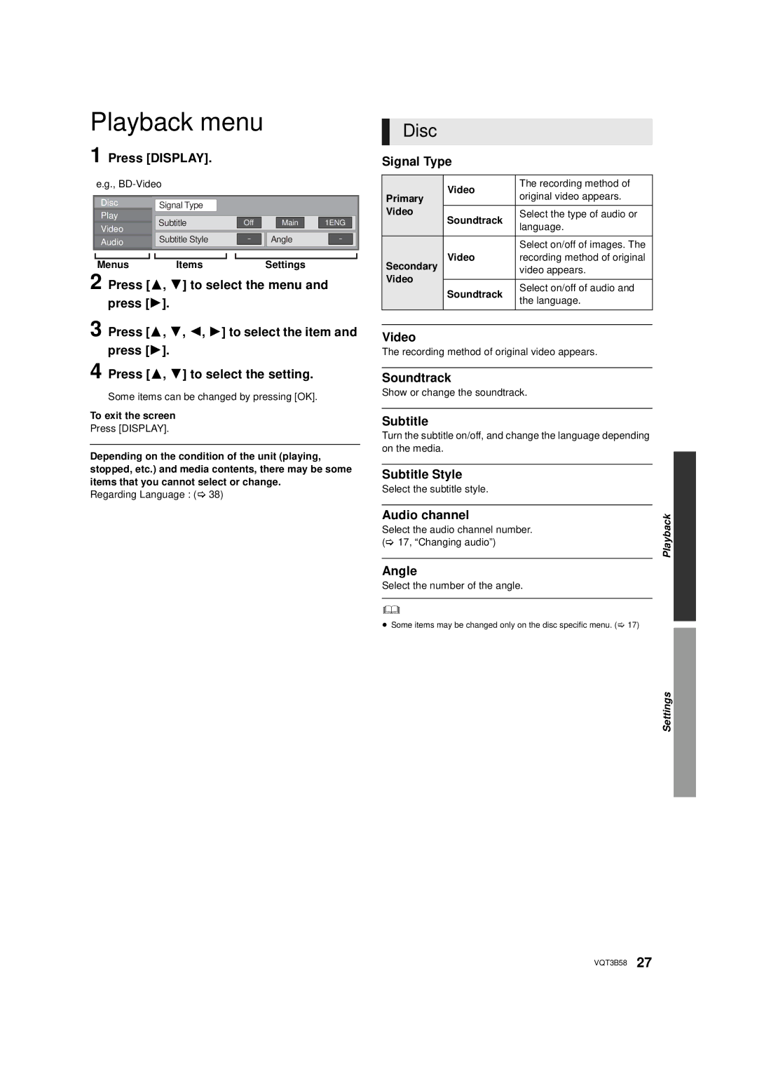 Panasonic DMP-BDT215, DMP-BDT310 owner manual Playback menu, Disc 