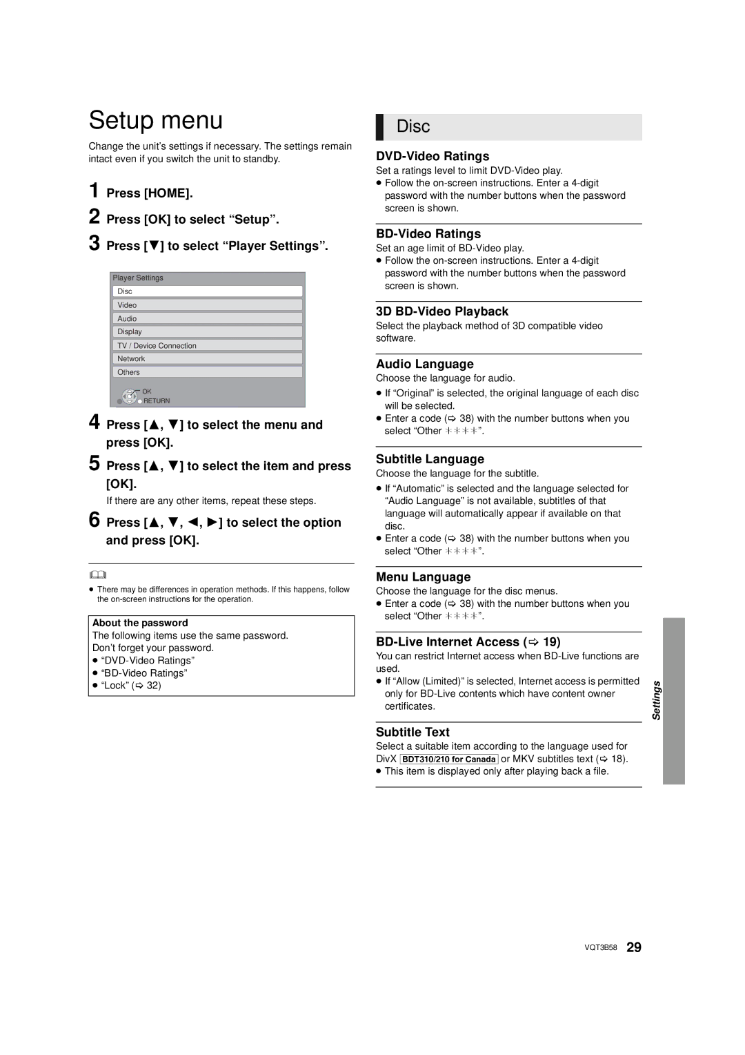 Panasonic DMP-BDT215, DMP-BDT310 owner manual Setup menu 