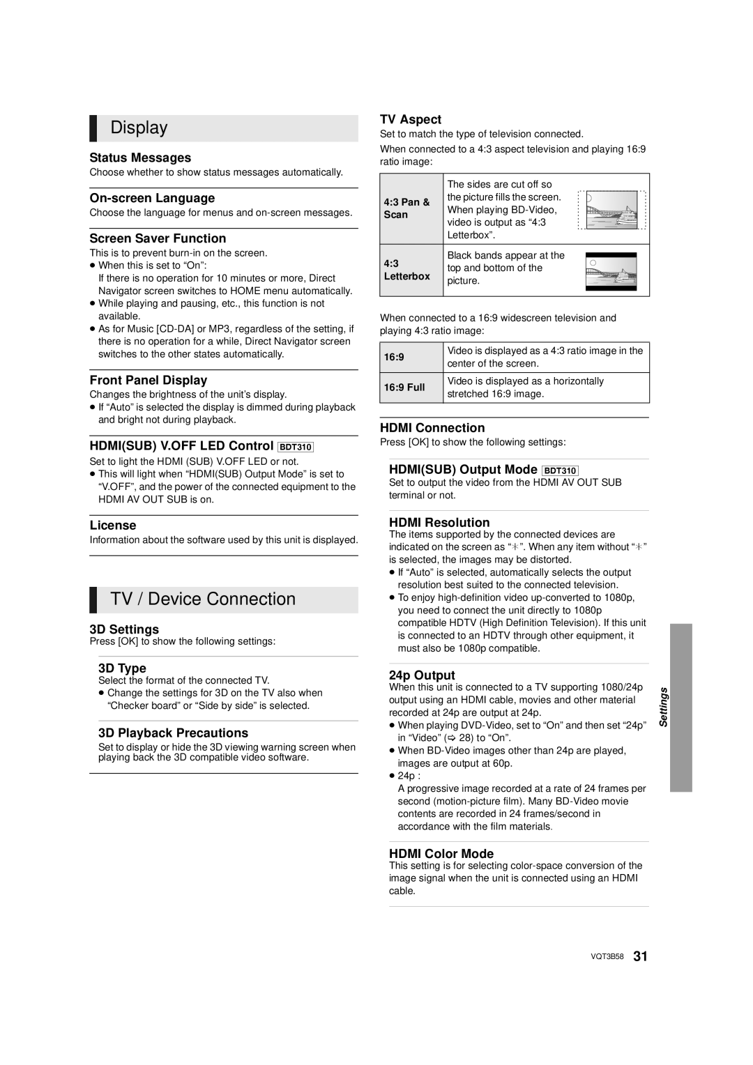 Panasonic DMP-BDT215, DMP-BDT310 owner manual Display, TV / Device Connection 