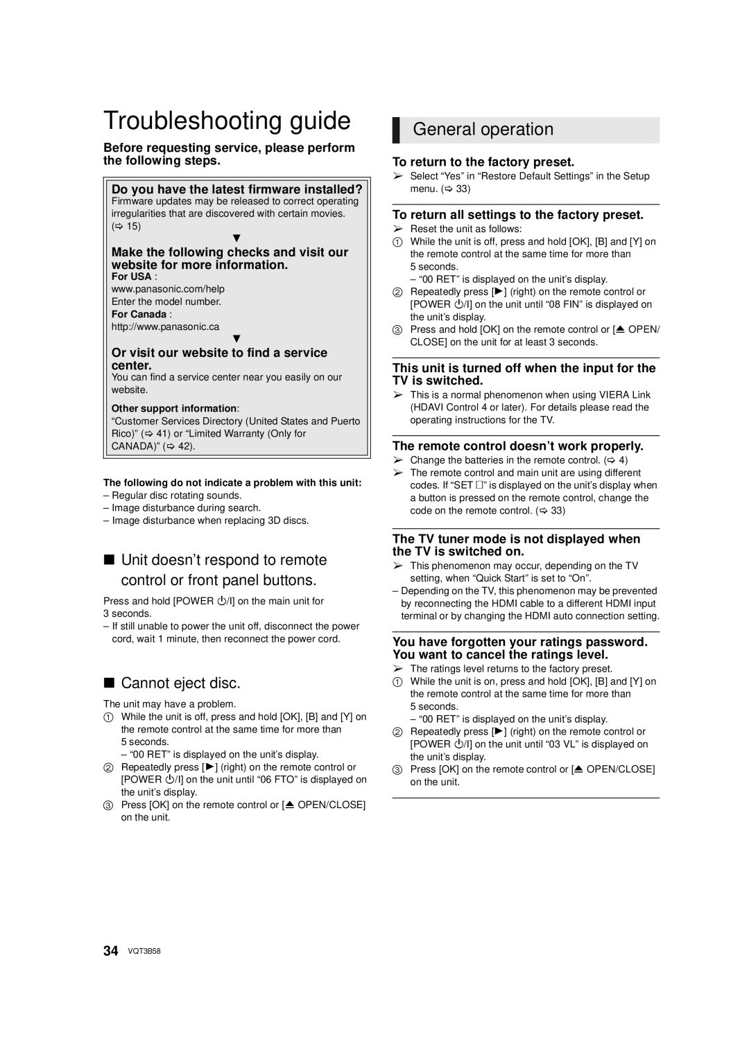 Panasonic DMP-BDT310, DMP-BDT215 owner manual Troubleshooting guide, General operation, Cannot eject disc 