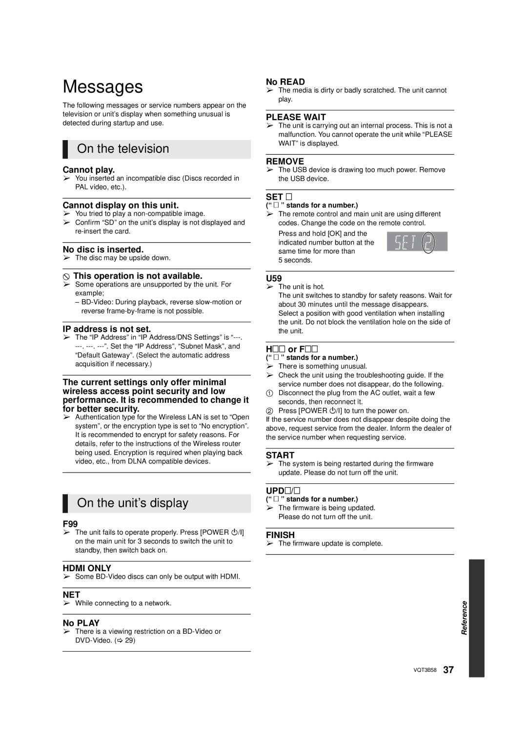 Panasonic DMP-BDT215, DMP-BDT310 owner manual Messages, On the television, On the unit’s display 