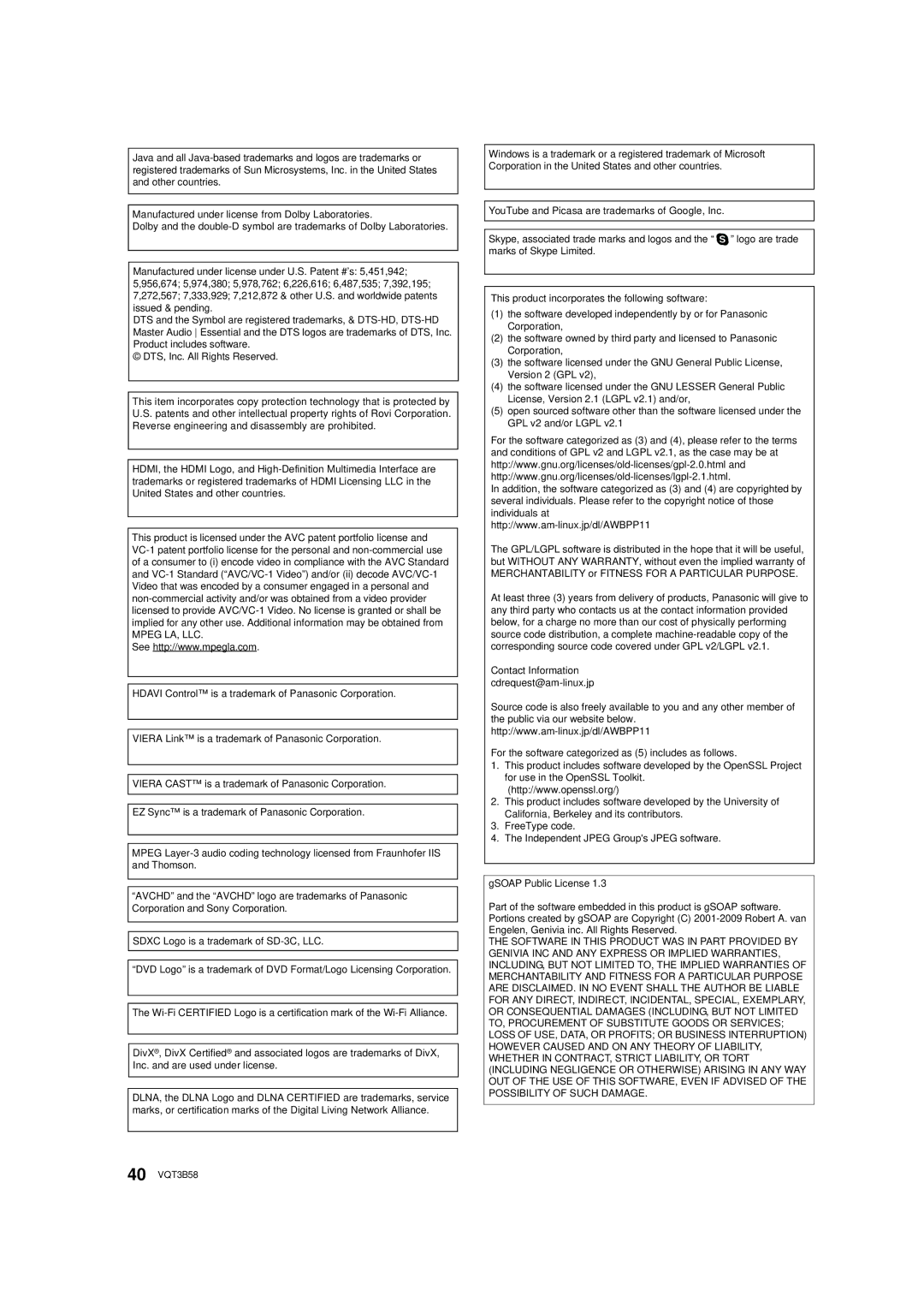 Panasonic DMP-BDT310, DMP-BDT215 owner manual 40 VQT3B58 