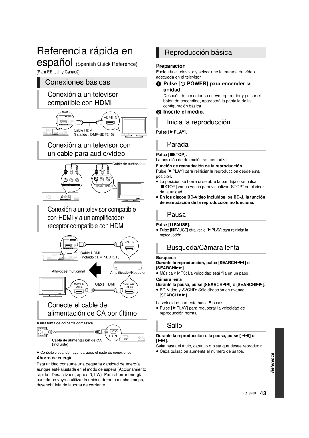 Panasonic DMP-BDT215, DMP-BDT310 owner manual Referencia rápida en, Conexiones básicas, Reproducción básica 