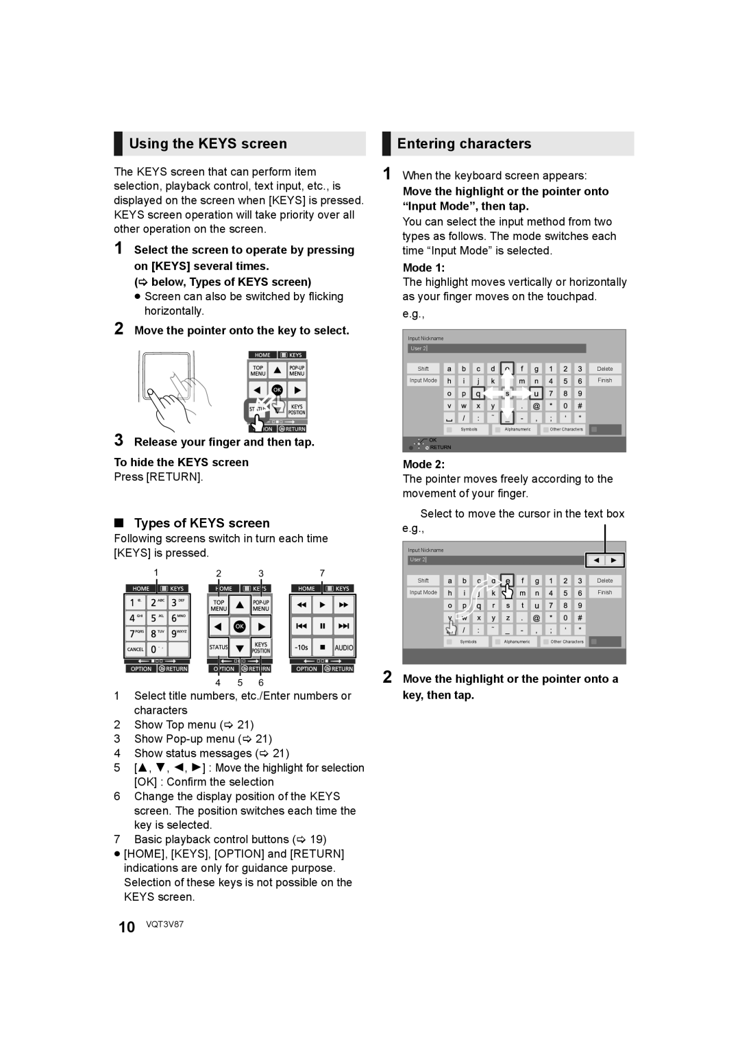 Panasonic DMP-BDT320 operating instructions Using the Keys screen, Entering characters, Types of Keys screen 