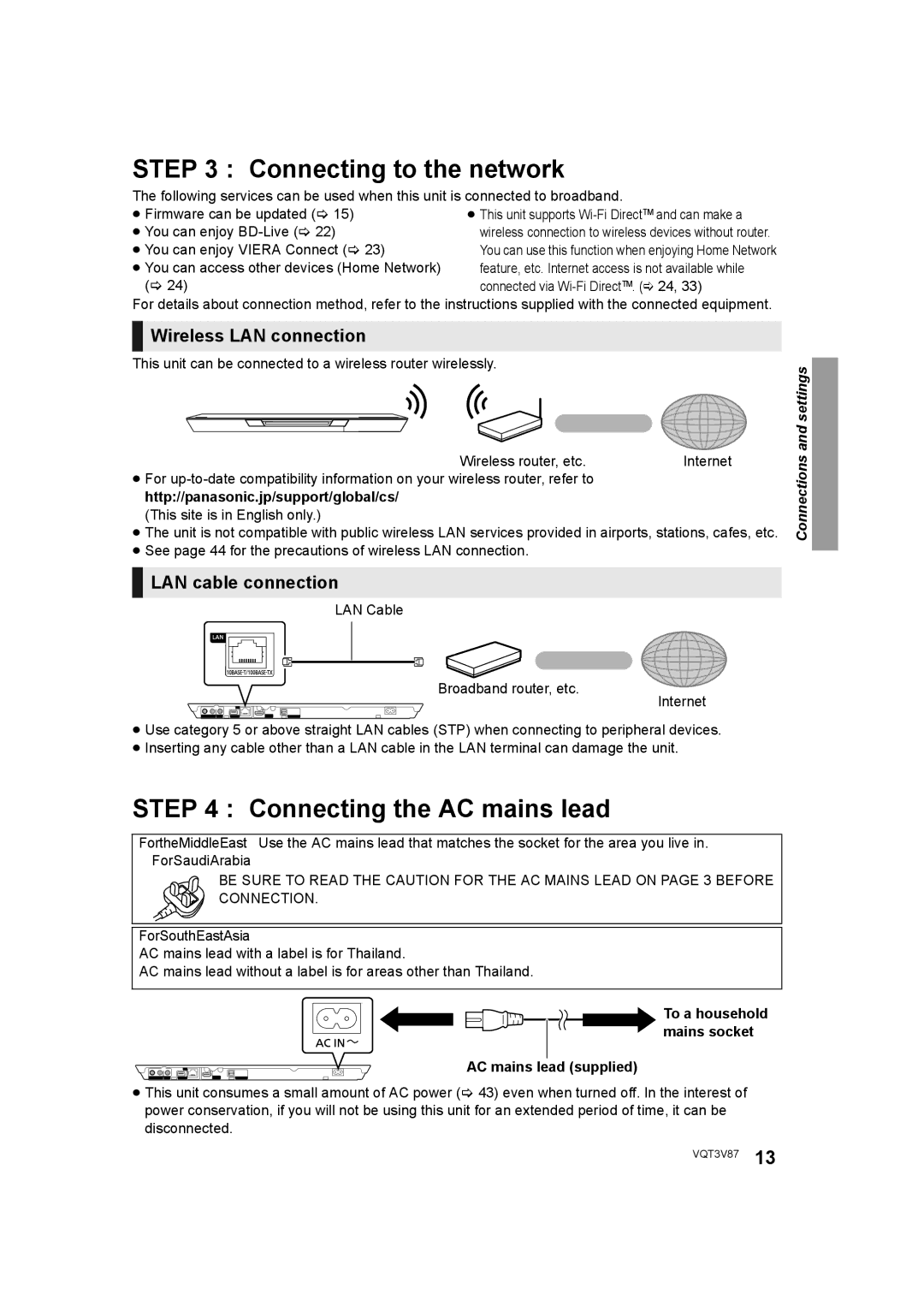 Panasonic DMP-BDT320 Connecting to the network, Connecting the AC mains lead, Wireless LAN connection 