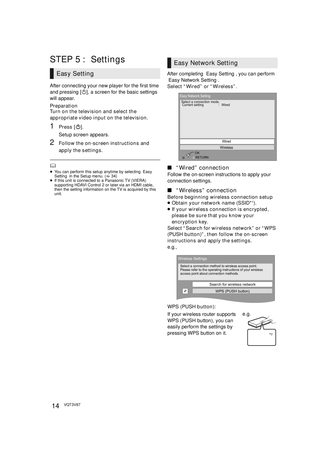 Panasonic DMP-BDT320 Settings, Easy Setting, Easy Network Setting, Wired connection, Wireless connection 