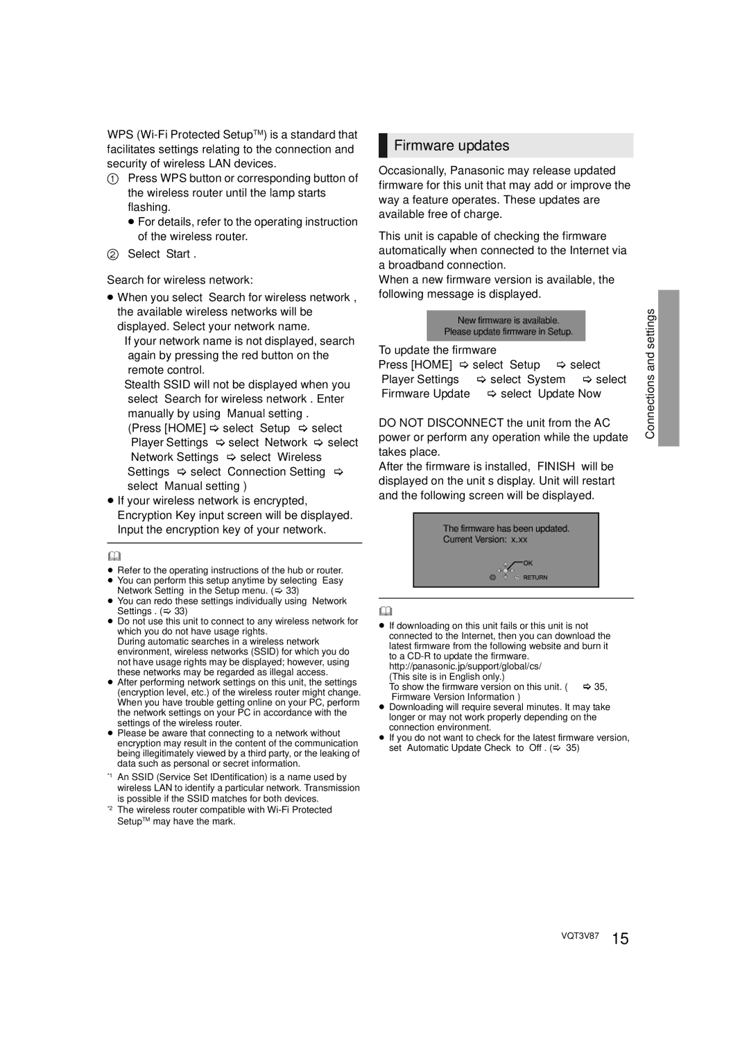 Panasonic DMP-BDT320 Firmware updates, Search for wireless network, To update the firmware, Press Home select Setup select 