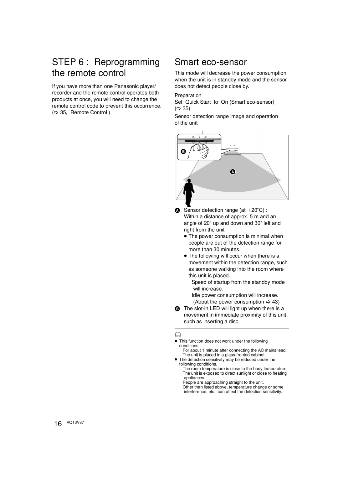 Panasonic DMP-BDT320 Set Quick Start to On Smart eco-sensor, Sensor detection range image and operation of the unit 