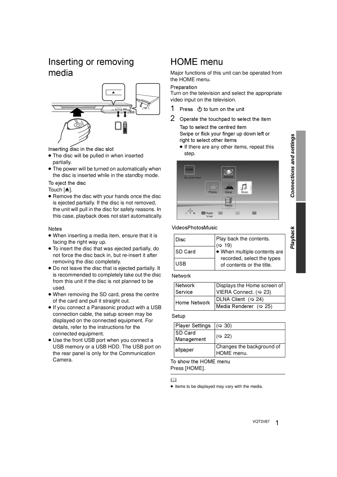 Panasonic DMP-BDT320 operating instructions Inserting or removing media, Home menu 