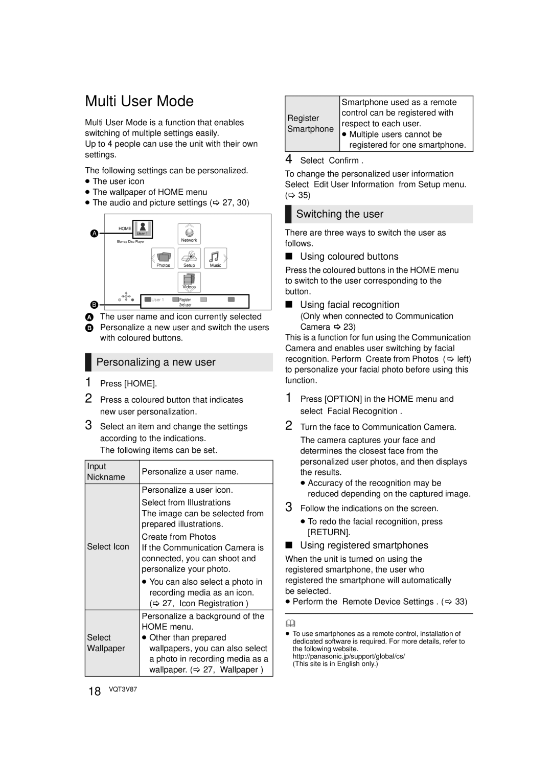 Panasonic DMP-BDT320 operating instructions Multi User Mode, Personalizing a new user, Switching the user 