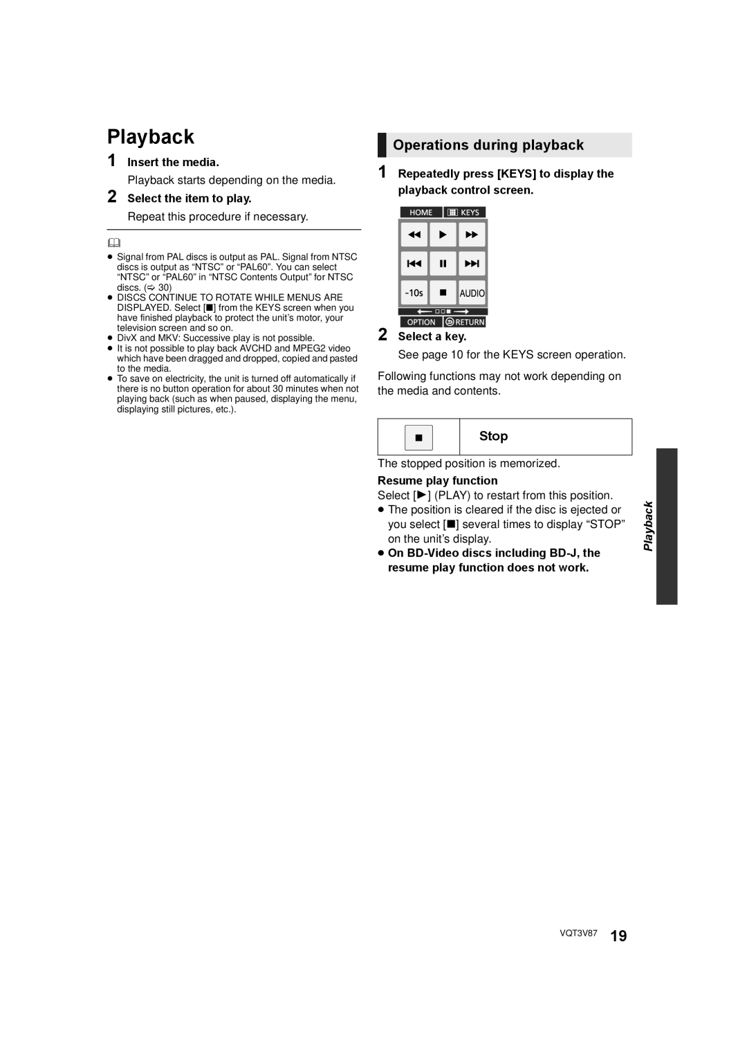 Panasonic DMP-BDT320 operating instructions Playback, Operations during playback, Stop 