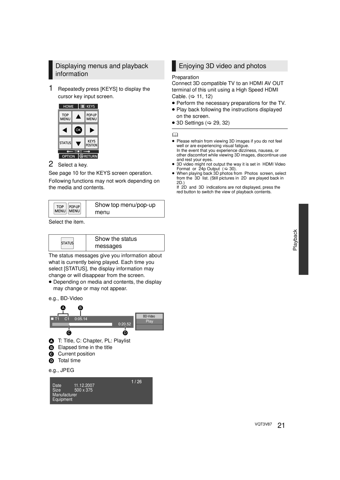 Panasonic DMP-BDT320 Displaying menus and playback information, Enjoying 3D video and photos, Show top menu/pop-up menu 