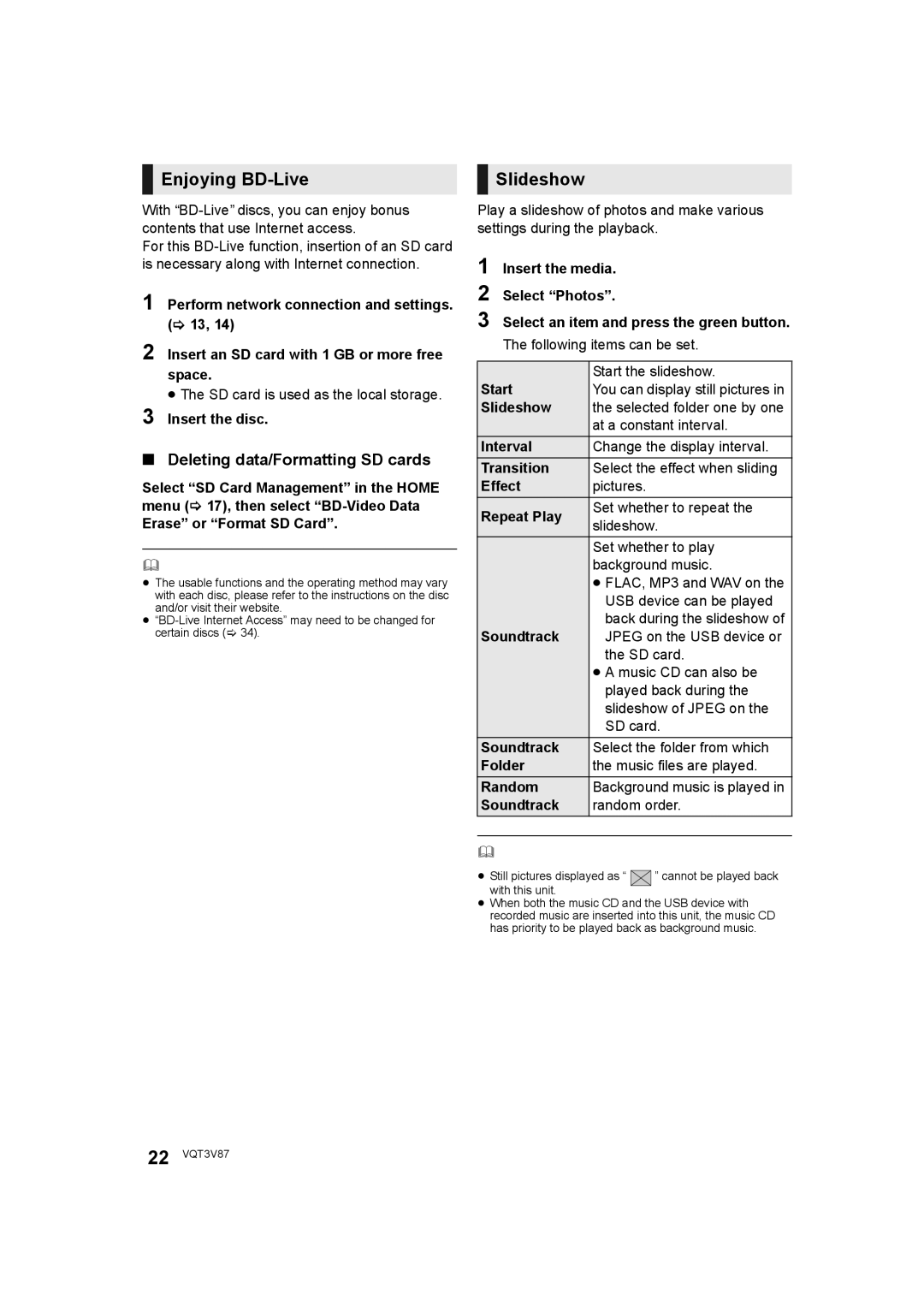 Panasonic DMP-BDT320 operating instructions Enjoying BD-Live, Slideshow, Deleting data/Formatting SD cards 