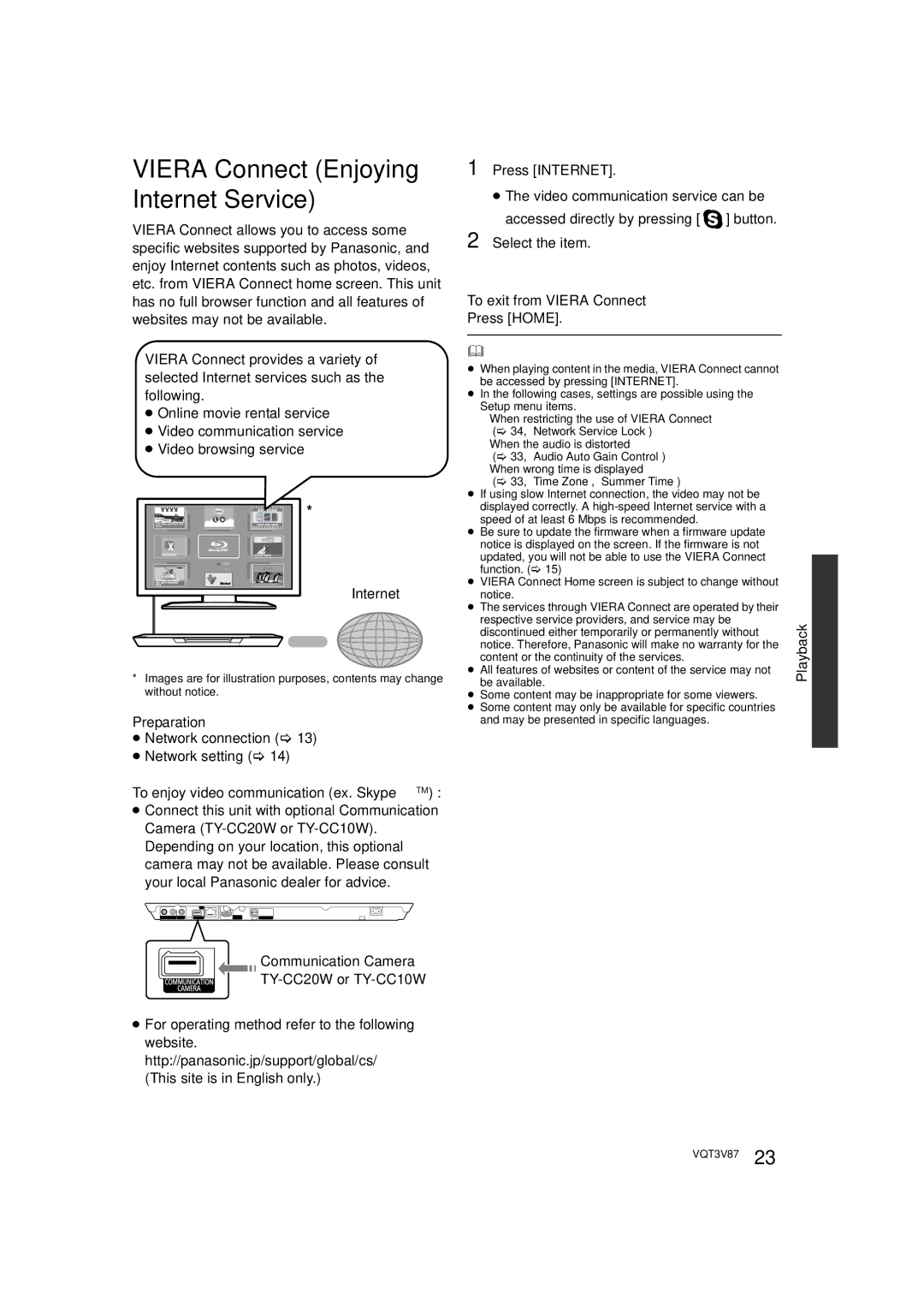 Panasonic DMP-BDT320 ≥ Network connection ≥ Network setting, To enjoy video communication ex. SkypeTM, Press Internet 