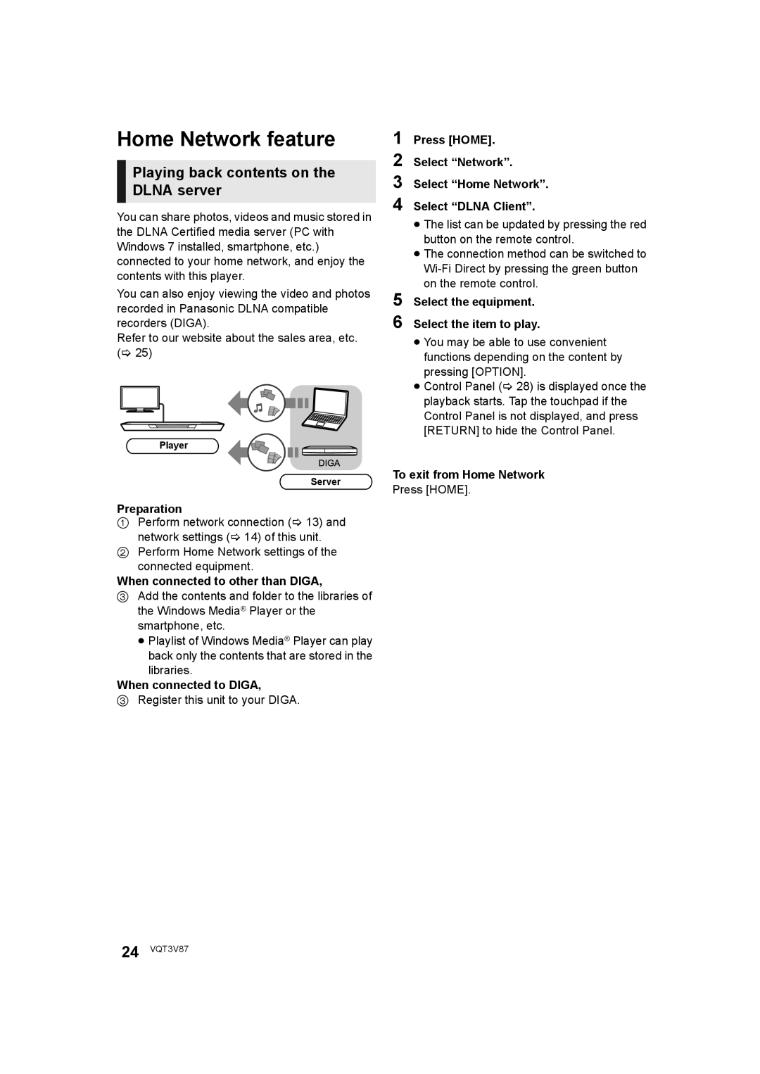 Panasonic DMP-BDT320 operating instructions Home Network feature, Playing back contents on the Dlna server 