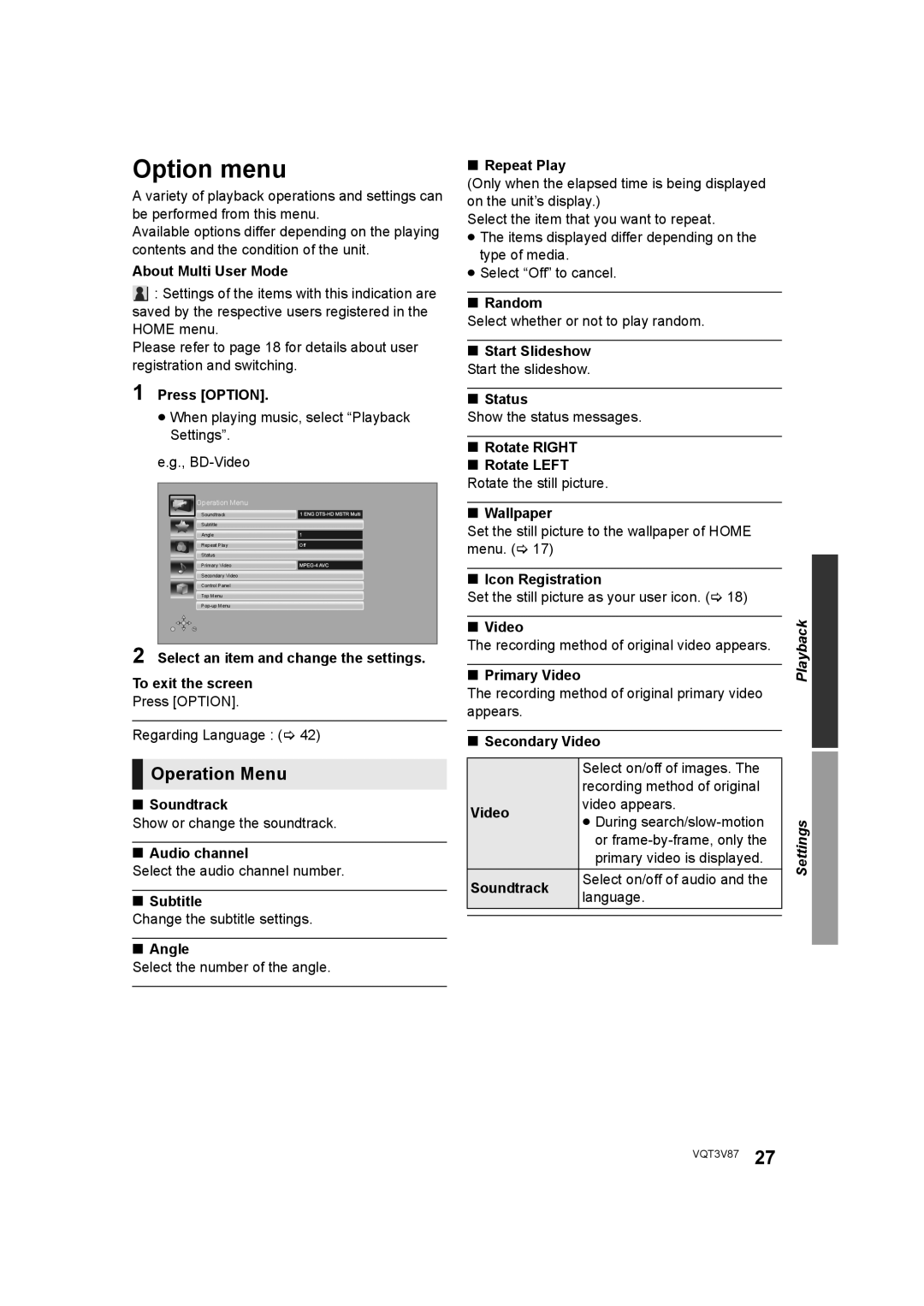 Panasonic DMP-BDT320 operating instructions Option menu, Operation Menu 