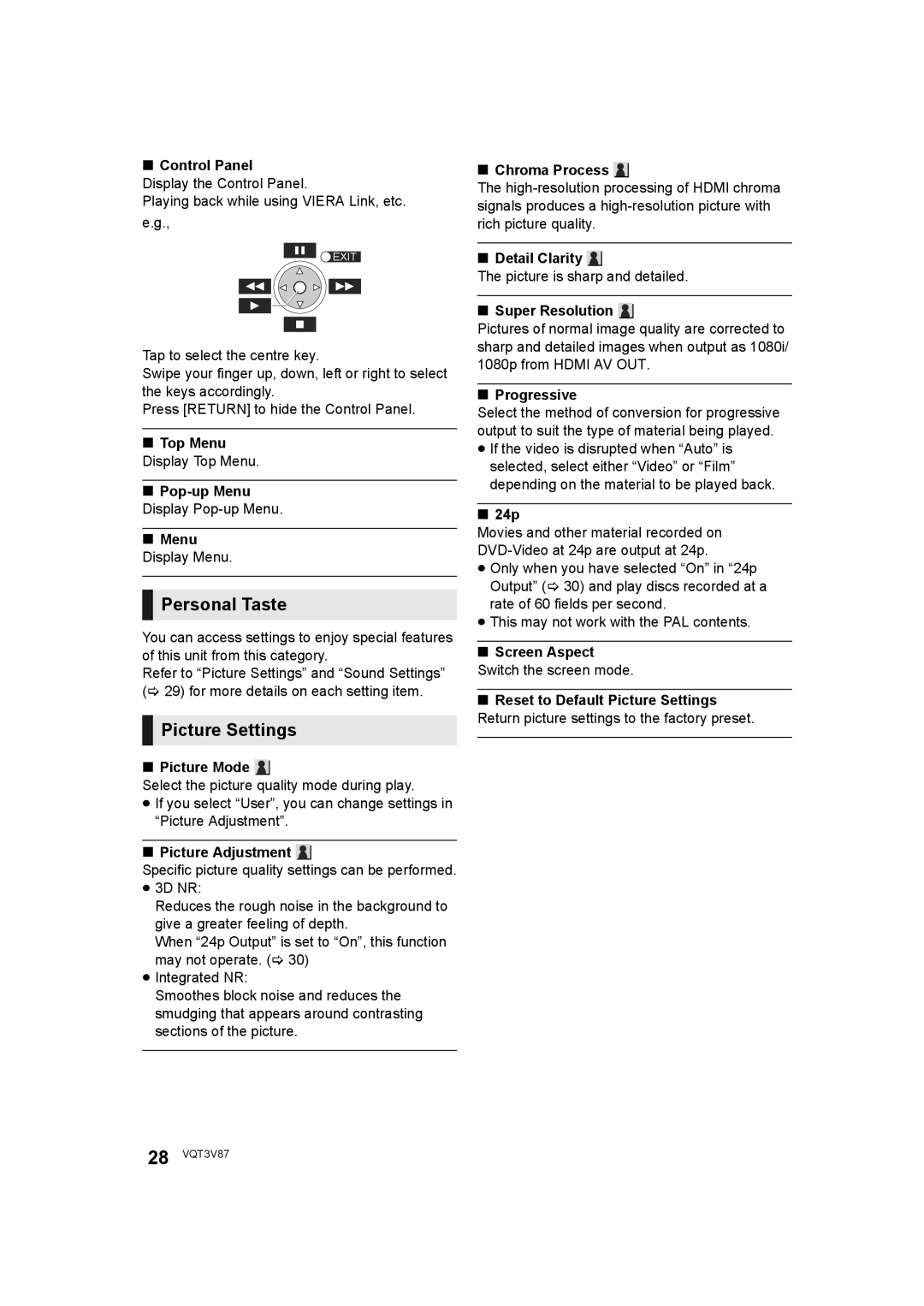 Panasonic DMP-BDT320 operating instructions Personal Taste, Picture Settings 